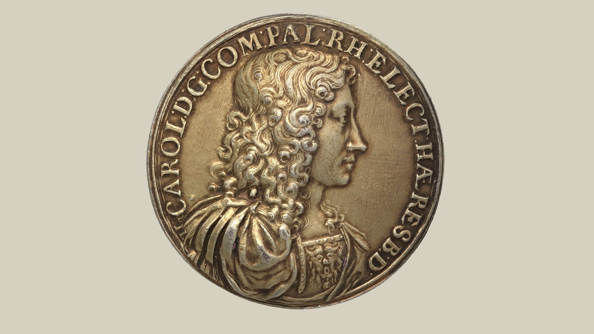 Medal of Charles II, Elector Palatine from the year 1677 by Johann Linck. Obverse: CAROL DG COM PAL RHE ELECTHAE RES BD, a harnessed bust of the Elector with a gorgoneion on his chest. Reverse: SUSTENTAT, fountain with a globe on the tips of the water jets. Silver, gilt; dm 46.2 mm; 40.4 g.

Charles II (1651-1685) from the Palatine line of the Wittelsbach family was Count Palatine and Elector Palatine from 1680 until his death.

Medaille des Karl (II.) aus dem Jahr 1677 von Johann Linck. Vorderseite: CAROL DG COM PAL RHE ELECTHAE RES BD, geharnischtes Brustbild des Kurfürsten mit einem Gorgoneion auf der Brust. Rückseite: SUSTENTAT, Springbrunnen mit einer Kugel auf den Spitzen der Wasserstrahlen. Silber, vergoldet; Dm 46,2 mm; 40,4 g.

Karl II. von der Pfalz (1651-1685) aus der pfälzischen Linie der Familie der Wittelsbacher war Pfalzgraf und Kurfürst von der Pfalz von 1680 bis zu seinem Tod 3d model
