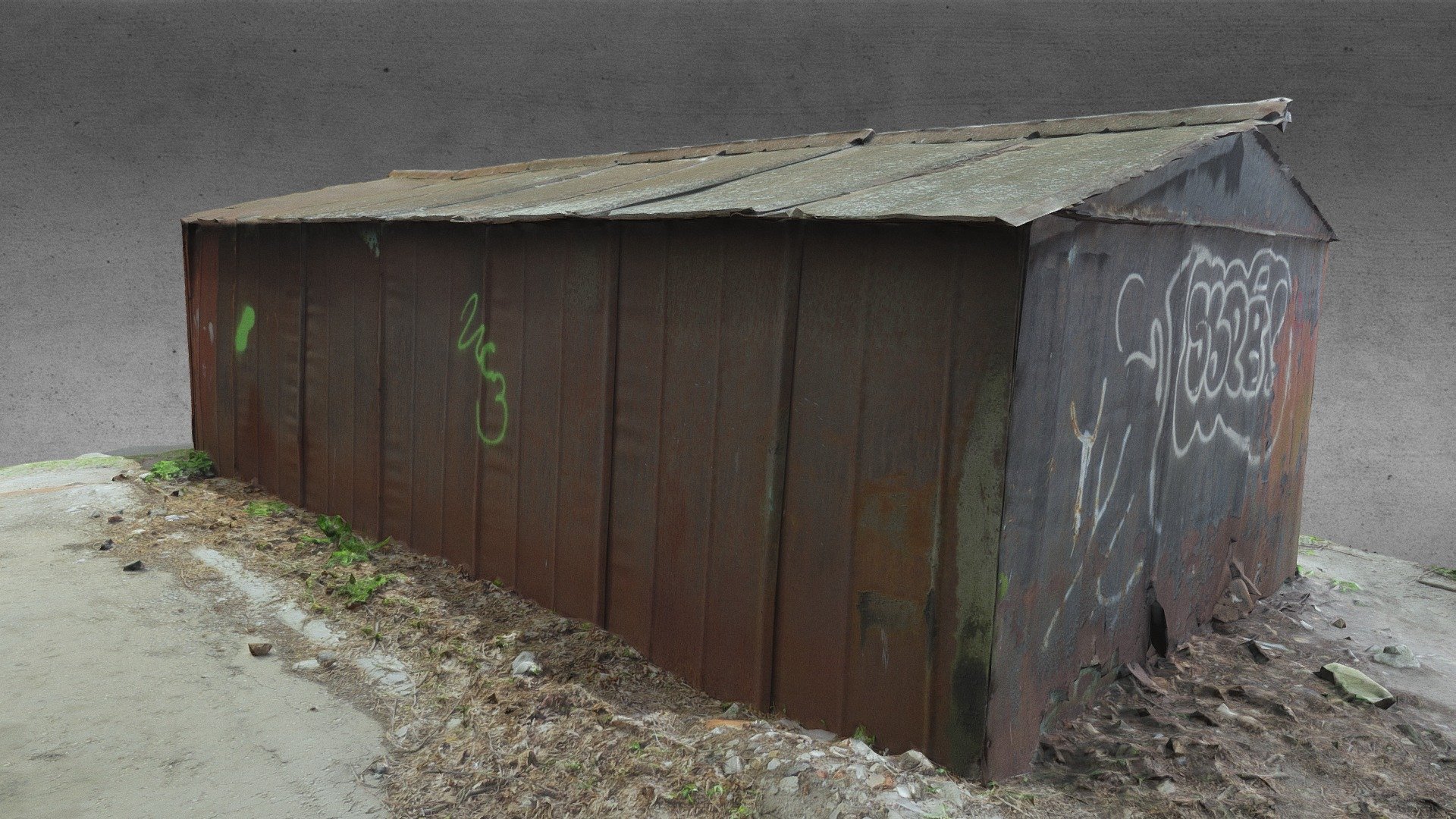 Very simple, old, rusty metal garage built probably in the Soviet Union.
Simple grafitti on walls 3d model