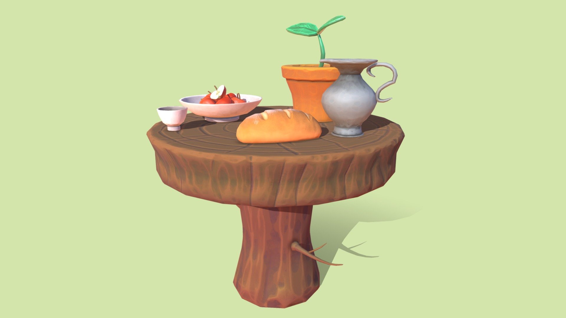 Had fun sculpting and texturing this little stylized table with a few food items and a plant. I wanted to explore the use of stylized smart materials and practice handpainting meshes as well. The bread, apples, and soil are handpainted.

I’m also very inspired nowadays by the vibrant world of Spyro Reignited Trilogy and I’m thinking making more such stylized assets :)

As for the software, I used Maya, Zbrush and Substance Painter.

Any feedback is welcome! - Stylized Fantasy Table - 3D model by Lavi (@lavi3d) 3d model