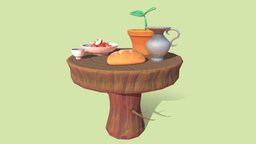 Stylized Fantasy Table tree, plant, food, cute, apple, table, bread, treestump, treetrunk, handpainted, lowpoly, stylized, fantasy