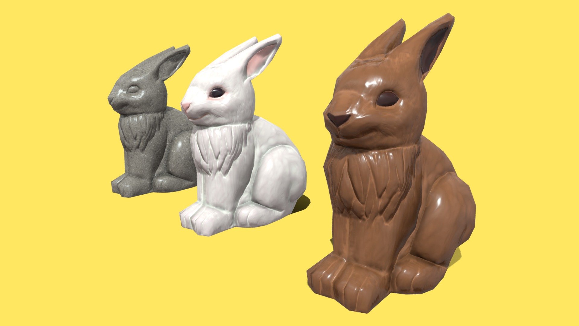 If you need additional work done do not hesitate to contact me, I am currently available for freelance work.

Stylized rabbit statue out of stone, plastic and chocolate for a blossoming spring garden or easter basket. Decoration for a game or an event for easter and bunny day.

374 Vertices per bunny.

Highpoly sculpted in Nomadsculpt. Lowpoly made in Blender
Highpoly and Lowpoly-model are in a Blend-file included in additional file with embedded materials.
Model and Concept by Me, Enya Gerber 3d model