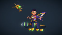 Candy Patrol: Marvin and DR-ONE flying, drone, skateboard, copter, jet, slingshot, gameasset-gamecharacter, character, cartoon, game, lowpoly, gameart, scifi, sci-fi, gameasset