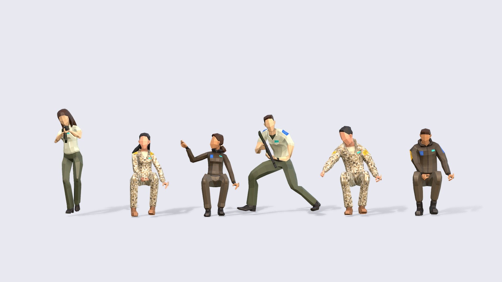LOW POLY ARMY - AIR FORCE SOLDIERS
Give some unique style to your crowds with our collection of low poly people. A super versatile pack of Low Poly People where all models interact. Plus all models can use the same or vary the 3 different textures.

INCLUDES:




Independent Rest Pose file FBX, perfect for Animating with mixamo or your chosen platform

Independent Animated FBX file that includes all 6 looping animations 100 frames

Full Pack Blender Native file with all characters together.

Textures created for the pack.






Included in the Protect &amp;amp; Serve Bundle

Also in The Compilation
 - Air Force Soldiers - Animated & Rigged - Buy Royalty Free 3D model by Studio Ochi (@studioochi) 3d model