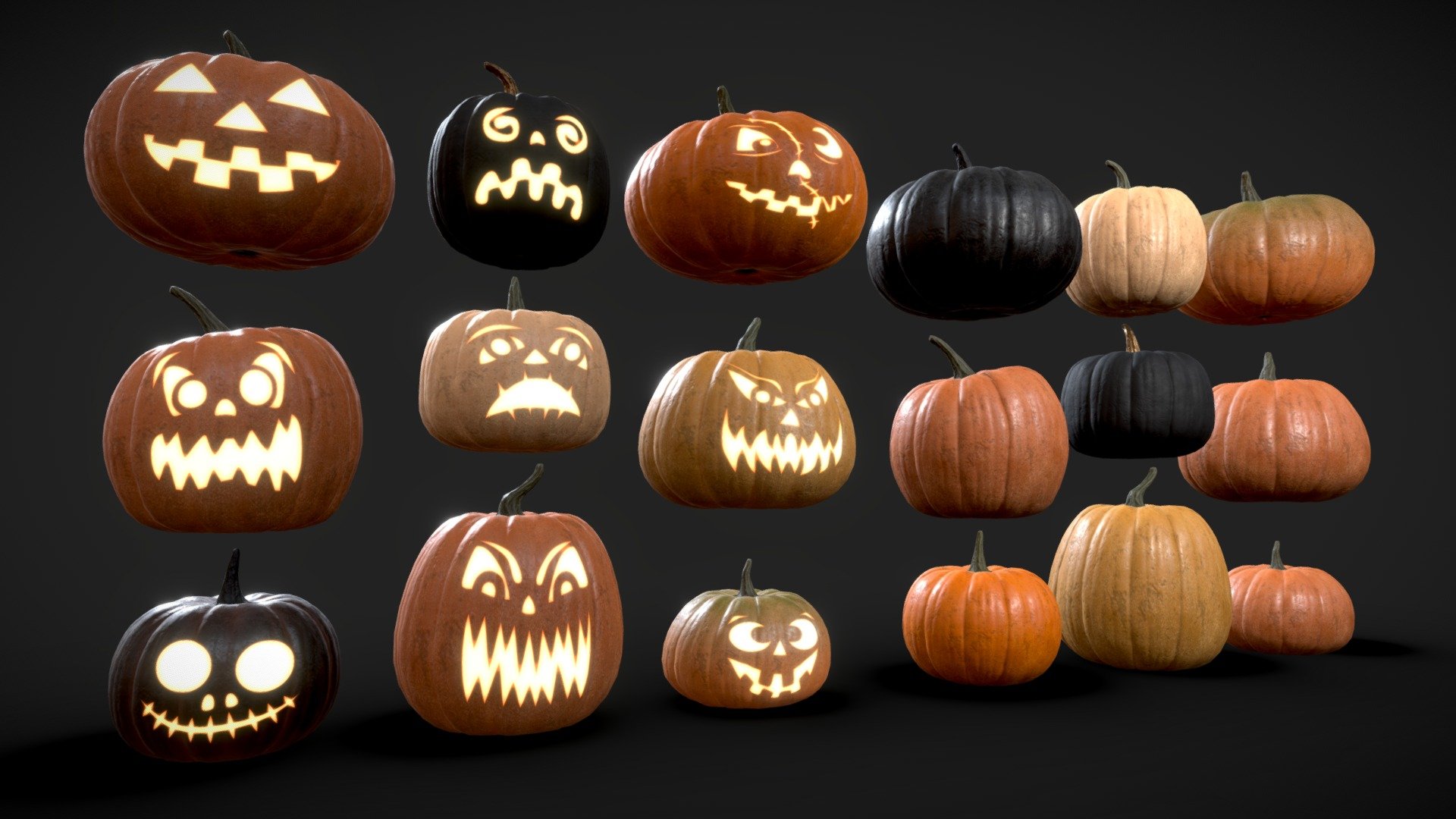9 Jack-O'-Lanterns and pumpkins,
6 pumpkin material variations and 
3 levels of detail (LODs)

Every pumpkin mesh uses standardized UVs so you can easily swap between material variations if you prefer one pumpkin color over another.

*The dowloadable &ldquo;Additional File