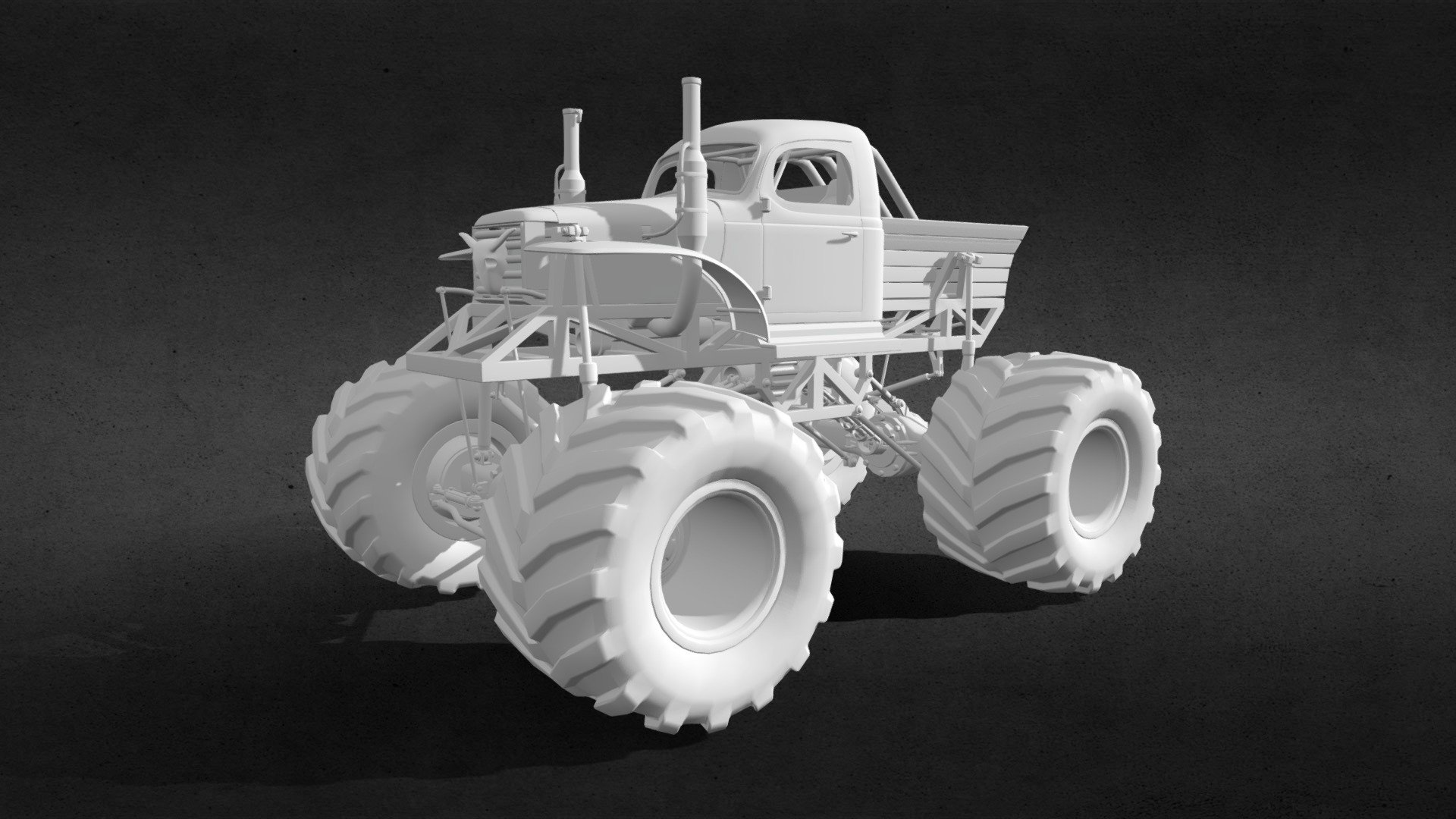 My wip reimagination of Stuntman Ignition's Dodge Power Wagon-based monster truck. I updated design with proper four link setup and replaced comically small axles with 5-ton military axles and 20-ton Clark planetaries. &lsquo;91 Unnamed style swaybar and &lsquo;88 style pan hard bar. &lsquo;94 Untamed helicopter landing gear struts for shocks.

Everything modeled by me, uses repurposed resources from my Untamed-project and cockpit of Virginia Giant.

You can find more information and progress pics here:
https://discord.gg/TEDJz92Agt - [Sneak Peek] Stuntman: Ignition Monster Truck - 3D model by Jorma Rysky (Joona Venäläinen) (@Rysky) 3d model