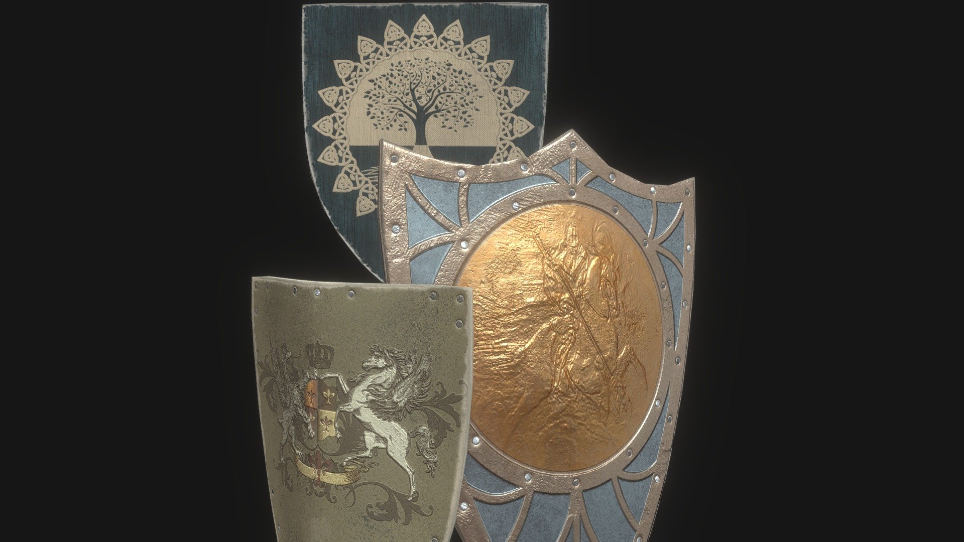 A set of Medieval Kite Shields with Fantasy crests!

If you buy any of my medieval Kite shields, the texture sets are interchangeable across all 4 models!

Designed for games in Low-poly PBR including Albedo, Normal, Metallic, AO, and Roughness 4K textures.

Horned Kite - 568 Triangles. Flattop Kite - 496 Triangles. Wooden Small Kite - 532 Triangles 3d model