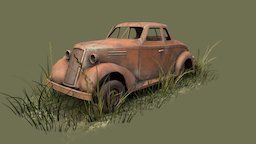 Forgotten Car abandoned, apocalyptic, vines, rusty, scrap, junk, ruined, waste, v8, coupe, 1930s, overgrown, hot_rod, 3dsmax, lowpoly, gameart, car, gameready