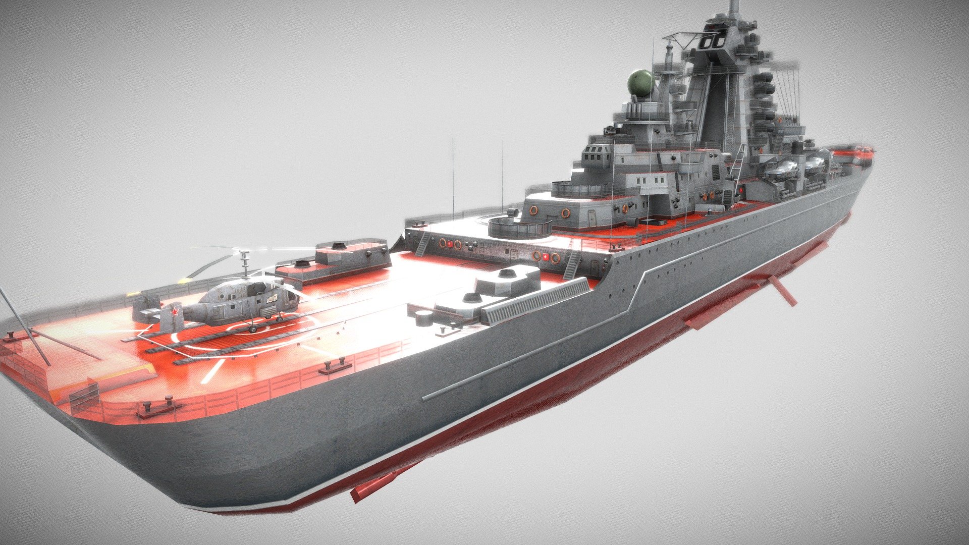 The Kirov-class battlecruiser is a type of warship that was built by the Soviet Union/Russia. She has a displacement of 24,300 tons (standard) and 28,000 tons (full load), and measures 252 meters (827 feet) in length and 28.5 meters (94 feet) in beam 3d model