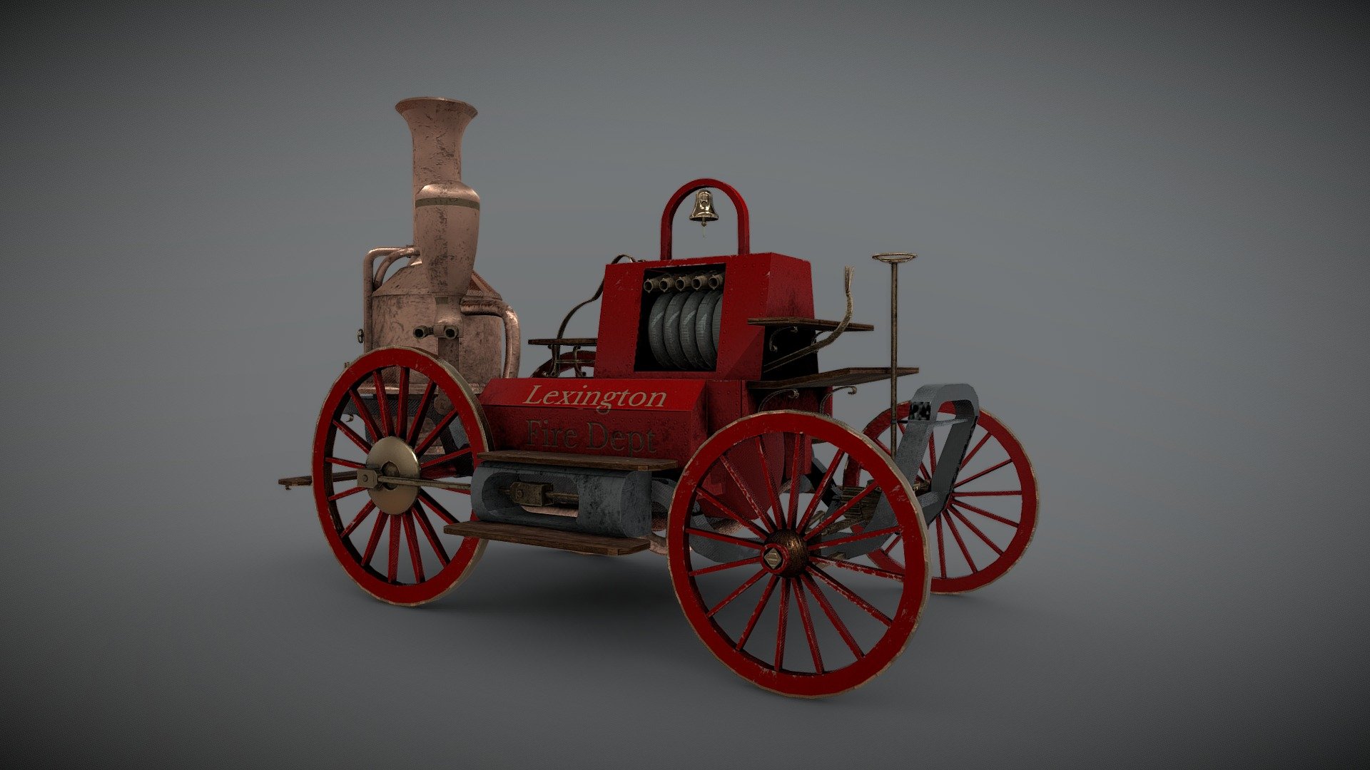 A steam powered version of a late 1700s fire engine that was traditionally pulled by horses.
Made as a static environment prop as part of steampunk inspired final project for my Masters degree: &ldquo;The Clockwork Corsair