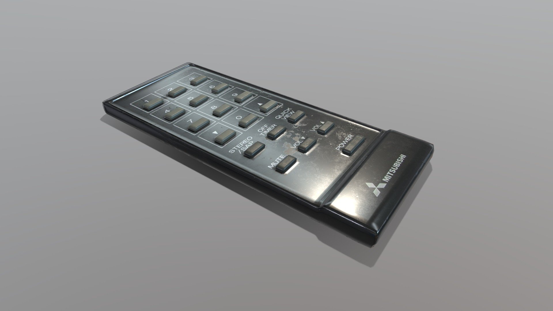 Old fashioned TV remote made with professional standards.

Medium poly and ready for a game environment, modeled to real world scale. Includes several file formats to use (fbx, ma, obj, stl) along with Basecolor, Normal, Roughness, and ORM maps at 1k, 2k, and 4k resolution.

I do not own any rights to Mitsubishi branding 3d model