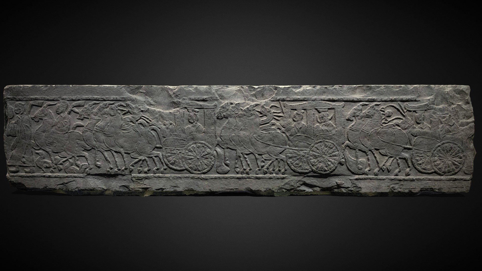 Stone relief of trip on carriage(车马出行图汉画像石，安徽博物院藏品）
东汉(25AD-220AD)
Unearthed in Shanzi, a tomb in Xiading Village, Chuchan Town, Suxian County, Anhui Province in 1956 - Stone relief of trip on carriage - 3D model by Tigershill (@tigerofchen) 3d model