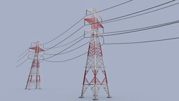 Electricity Pylon (red white) tower, power, red, white, electricity, grid, pylon, mast, pole, electro, wires, surge, lines, powerlines, model, 3dee, highvoltage, powermast