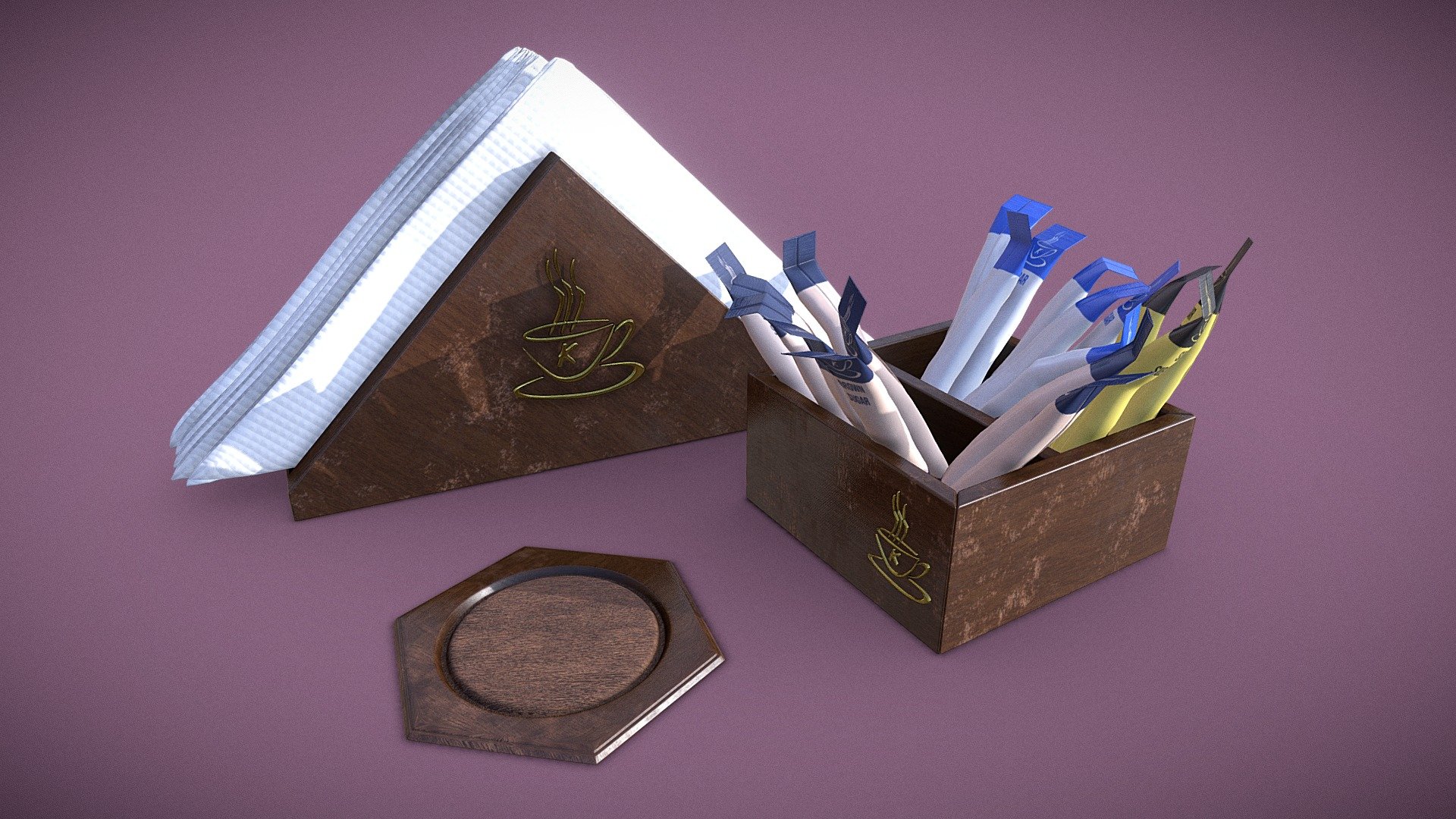 A collection of coffee shop tableware

Model Contents:




x 1 sugar caddy

x 1 sugar packs

x 1 brown sugar packs

x 1 sugar substitute packs

x 1 napkin holder

x 1 napkins

x 1 cup pad

Mesh:




Mesh Type: Triangulated Polygon Mesh

Tier: Highpoly

Model is Game-ready: NO

Model is Subdivision-ready: NO

Edge Split: Sharp edges only

Model is Scaled to Real World Scale: YES

Model is Rigged: NO

PolyCount:




Triangles: 191608

Vertices: 98861

Materials:




cafe_props_wood (4096 x 4096 Pixels)

cafe_props_napkins (4096 x 4096 Pixels)

Textures:




Texture File Format(s): .PNG

Texture Workflow(s): PBR Metallic Roughness

UV Mapping: Non-Overlapping (unique)

Texture Maps:




Ambient Occlusion

Base Color

Metallic

Normal GL

Roughness
 - Coffee Shop Props - Download Free 3D model by Blarb 3d model