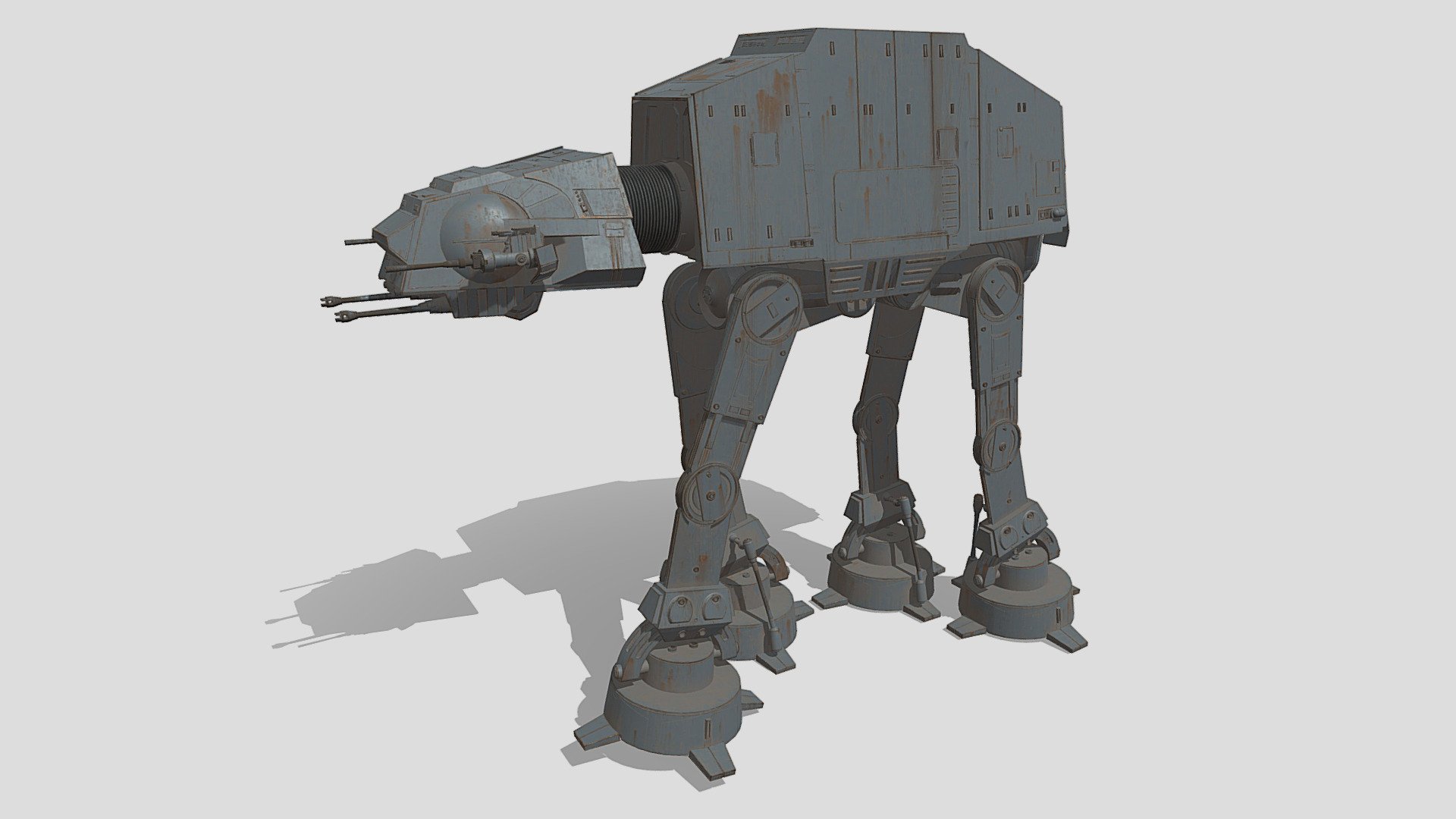 Weathered AT-AT from a personal project. I have a few renders here: https://www.artstation.com/artwork/r9Yq1e

Sufficiently detailed and should work fine as a background prop. All parts can be separated (at least in Blender). No welds. 

8K image maps. Main parts are joined/grouped. Pivoted and parented limbs. The foot rods need to be put in place after an ancle roll. Constrains must be added if needed. Neck is not rigged, but should be easy to do for a slight bend of the tube. Hope you like it.

You can rig the neck with let's say 4 bones. Then you avoid intersections of the tube's ridges when bending.
 - Star Wars AT-AT Walker - Download Free 3D model by tegnemaskin 3d model