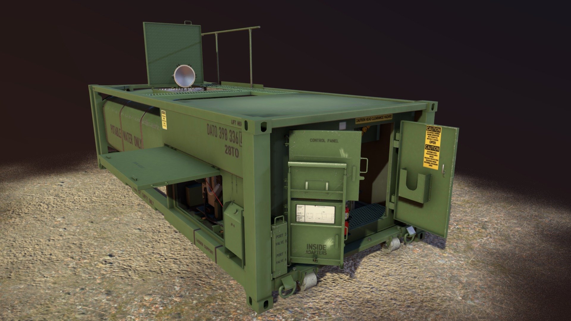 A potable water tank currently in use by the military out in the field.  This 3d model was created for a real-time training application (Unity 3D).  Modeled in 3ds Max, textured in Substance Painter (with some help from Photoshop).  

For some reason, thius model displays at incredibly low res texturing by default, but if you want to see it in its full glory, switch it to &ldquo;HD