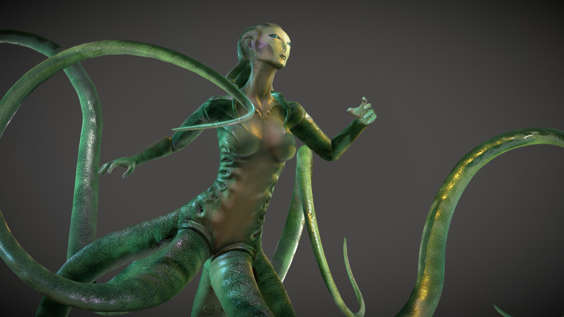 Female Alien Creature with tentacles. I took inspiration from Na'Vi' (Avatar) and D'Vorah (from mortal kombat). A Mythical creature. I modeled this character in Autodesk Maya and detailed in mudbox, also rigged in Maya. 

Maya file with character controlers, A-pose obj and fbx included - Female Creature Alien Octopus - Buy Royalty Free 3D model by Siddesh.Tamse 3d model