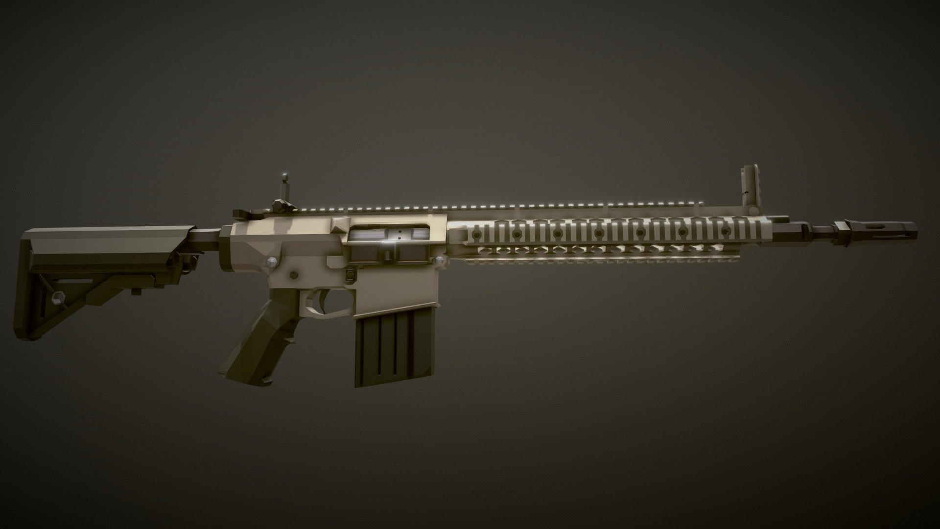 This is the Knight's Armament Company SR-25, a variant of the AR-15/AR-10 chambered in 7.62x51NATO. However, this specific weapon has a much shorter 16 inch barrel, as it is a variant specifically made for Delta-Force. 

If you need anything for it like a scope, suppressor or any other attachment, let me know, I'll probably make it!

02/09/22:
decreased tri count by 700, added improved stock - Low-Poly KAC SR-25 Delta-Force Carbine - Download Free 3D model by notcplkerry 3d model