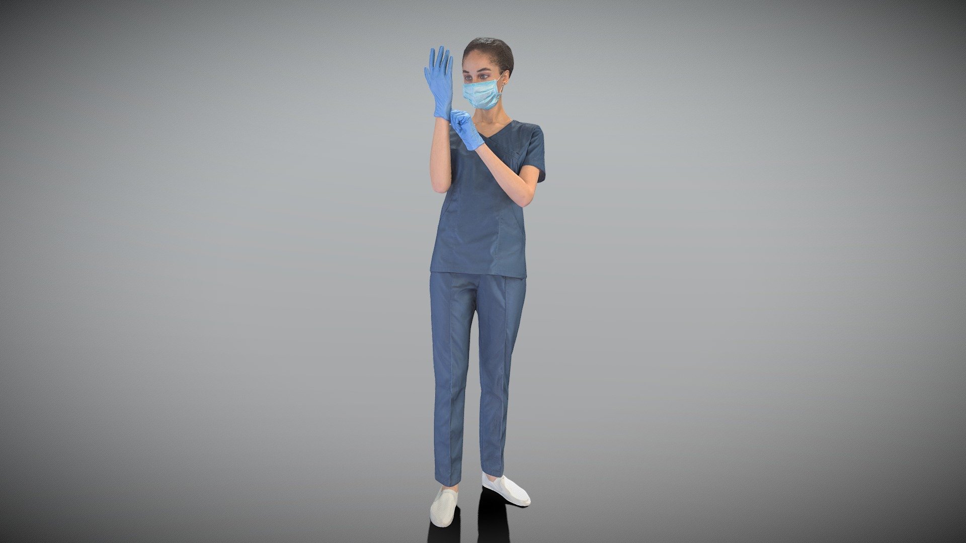 This is a true human size and detailed model of a beautiful young woman of Caucasian appearance dressed in a medical uniform. The model is captured in typical professional pose to perfectly match a variety of architectural and product visualizations, be used as a background or mid-sized character in advert banners, professional products/devices presentations, educational tutorials, VR/AR content, etc.

Technical specifications:




digital double 3d scan model

150k &amp; 30k triangles | double triangulated

high-poly model (.ztl tool with 4-5 subdivisions) clean and retopologized automatically via ZRemesher

sufficiently clean

PBR textures 8K resolution: Diffuse, Normal, Specular maps

non-overlapping UV map

no extra plugins are required for this model

Download package includes a Cinema 4D project file with Redshift shader, OBJ, FBX, STL files, which are applicable for 3ds Max, Maya, Unreal Engine, Unity, Blender, etc.

3D EVERYTHING

Stand with Ukraine! - Attractive nurse putting on gloves 359 - Buy Royalty Free 3D model by deep3dstudio 3d model