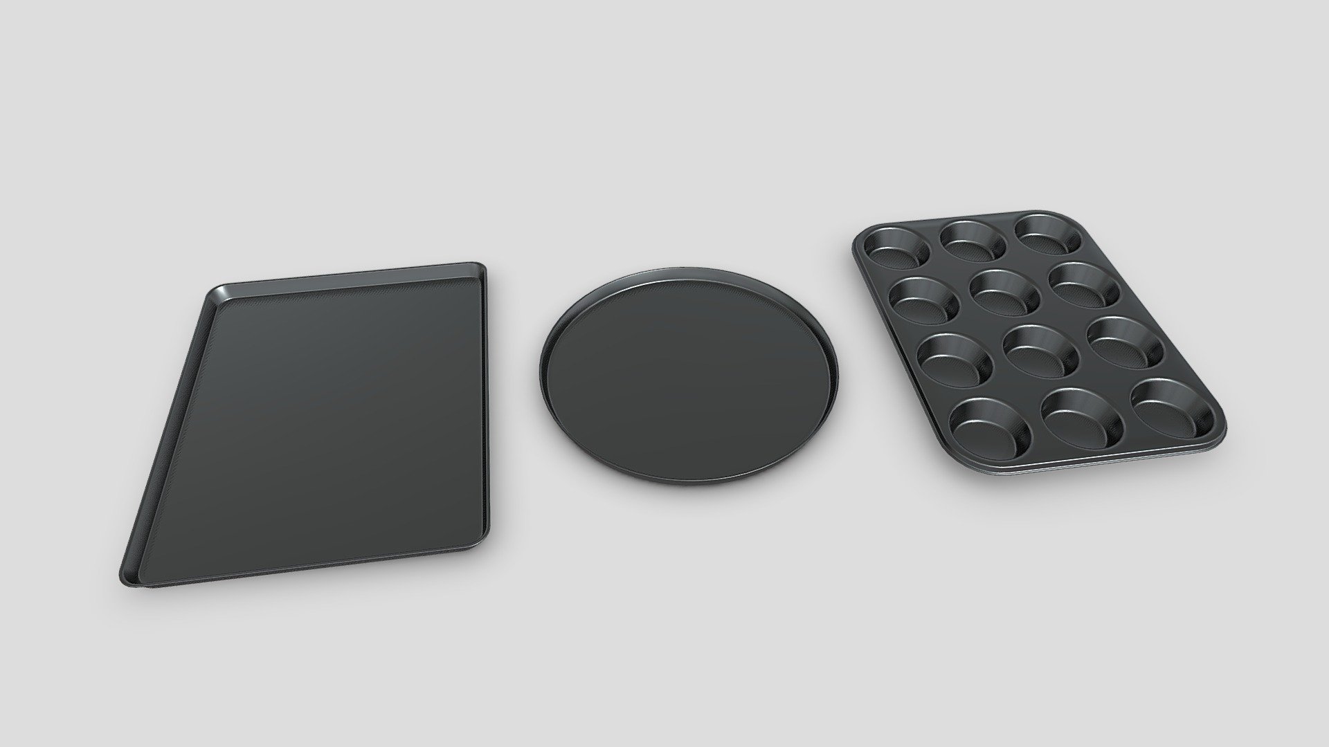 Three baking trays: circular, rectangular, and a muffin tray. approx. 30-40cm each


Quads and tris
Smooth shading with custom normal data (split normals)
Modelled to real-world scale, units: metres
Each tray is a single object with a single watertight mesh.
UV data included, no textures. Basic metal material setup only.

Created in Blender. .blend file includes a HDRI from PolyHaven packed (embedded in the file), licensed under CC0 3d model