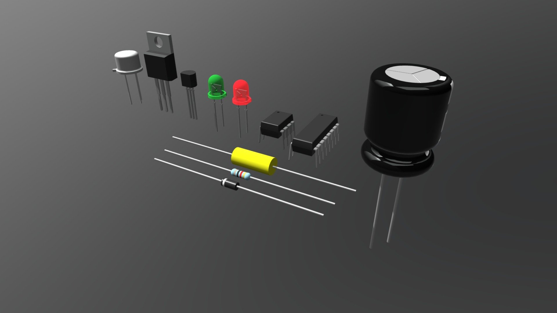 A basic set of elecronic parts.

Containing:
-resistor
-diode (DO41-Package)
-diode (green + red - 5mm - light emmitting)
-IC (DIP8-Package)
-IC (DIP16-Package) 
-Capacitor electrolytic radial
-Capacitor foil polyester axial
-Transistor (TO39-Package)
-Transistor (TO92-Package)
-Transistor (TO220-Package)

Last changes 
(- added 23.07.2019)
-IC DIP 16 added
-diode and resistor corrected clipping issue
(- added 25.07.2019)
-mkt-cap_axial added
(26.07.2019
-Transistor (TO39-Package) added
 &hellip;to be continued - Set of electronic parts - Buy Royalty Free 3D model by TYYK 3d model