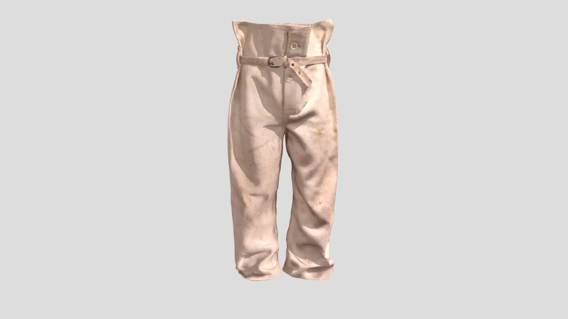 Year/estimated time period: 1893
Well worn Cornish mine managers trousers in cream.
Authentic Cornish mining trousers in white/cream which indicates that they belonged to a mine manager. There are 2 buttons down the front with a functional belt. There are 3 belt loops going round the waist, one either side of the hips and one on the back. The trousers are incredibly well-worn with many different holes, tears and burn marks on them
Model was made by Purpose3D - Cornish Mining Trousers - 3D model by musecornishlife 3d model