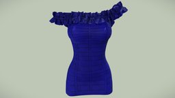 Female Blue Ruffled Trim Off Shoulder Mini Dress