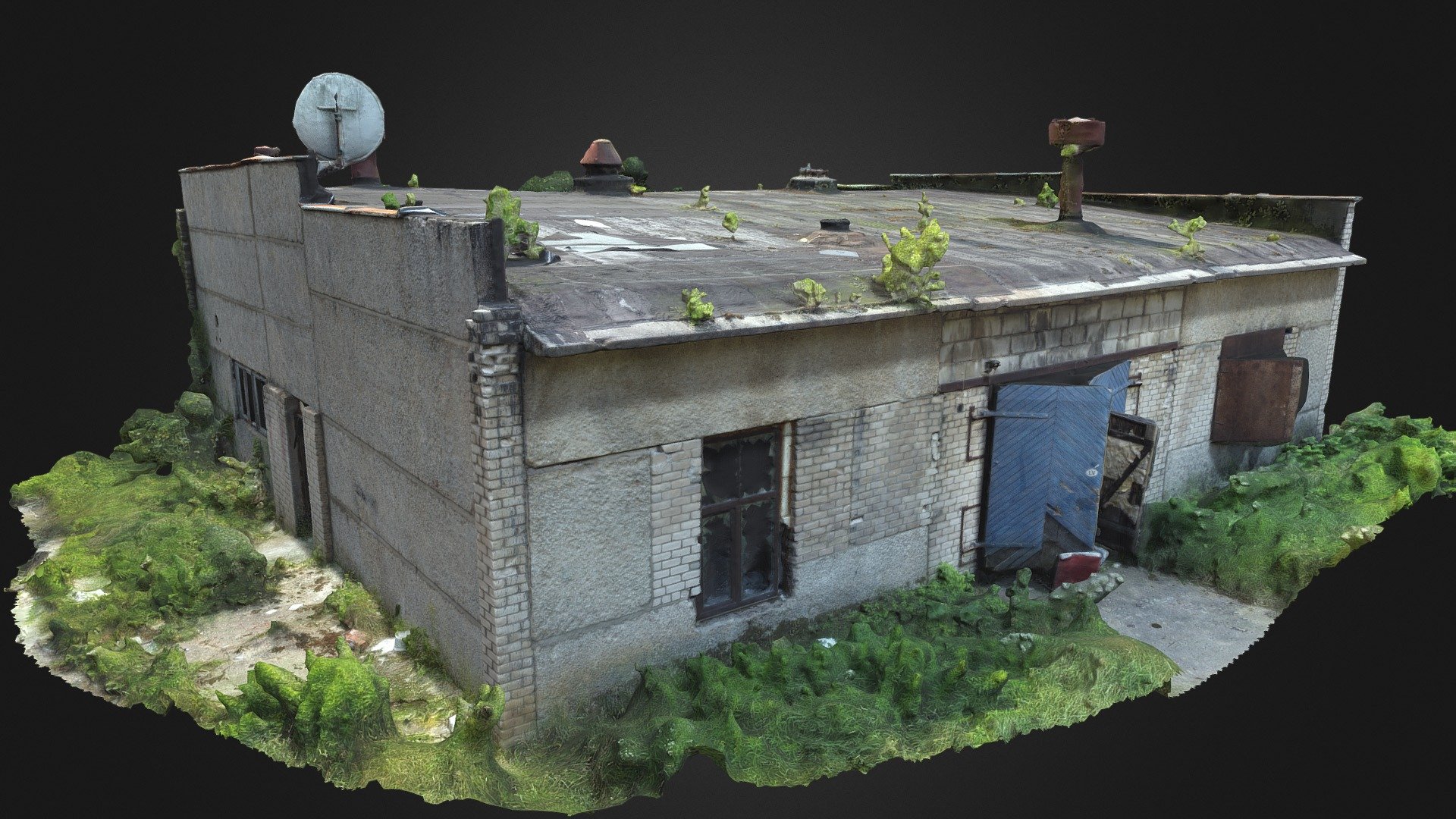 3D scan of an old brick soviet industrial building with blue wooden door, old bricks, grass.
With normal map 3d model