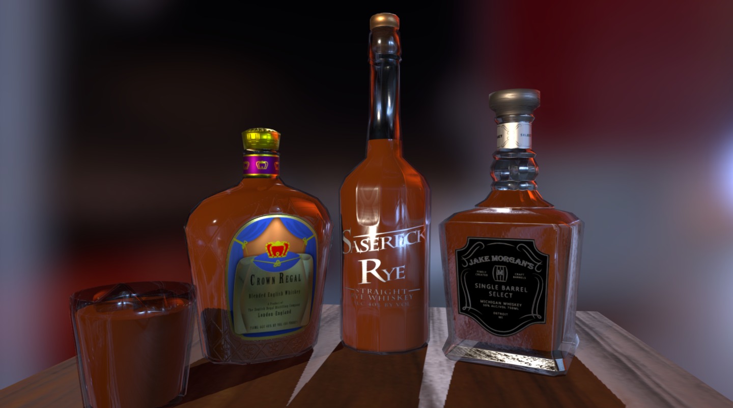 Alcohol is nice and the bottles are actually pretty intricateley decorated so I created a bunch of spoof whiskey brands for fun. Cheers 3d model