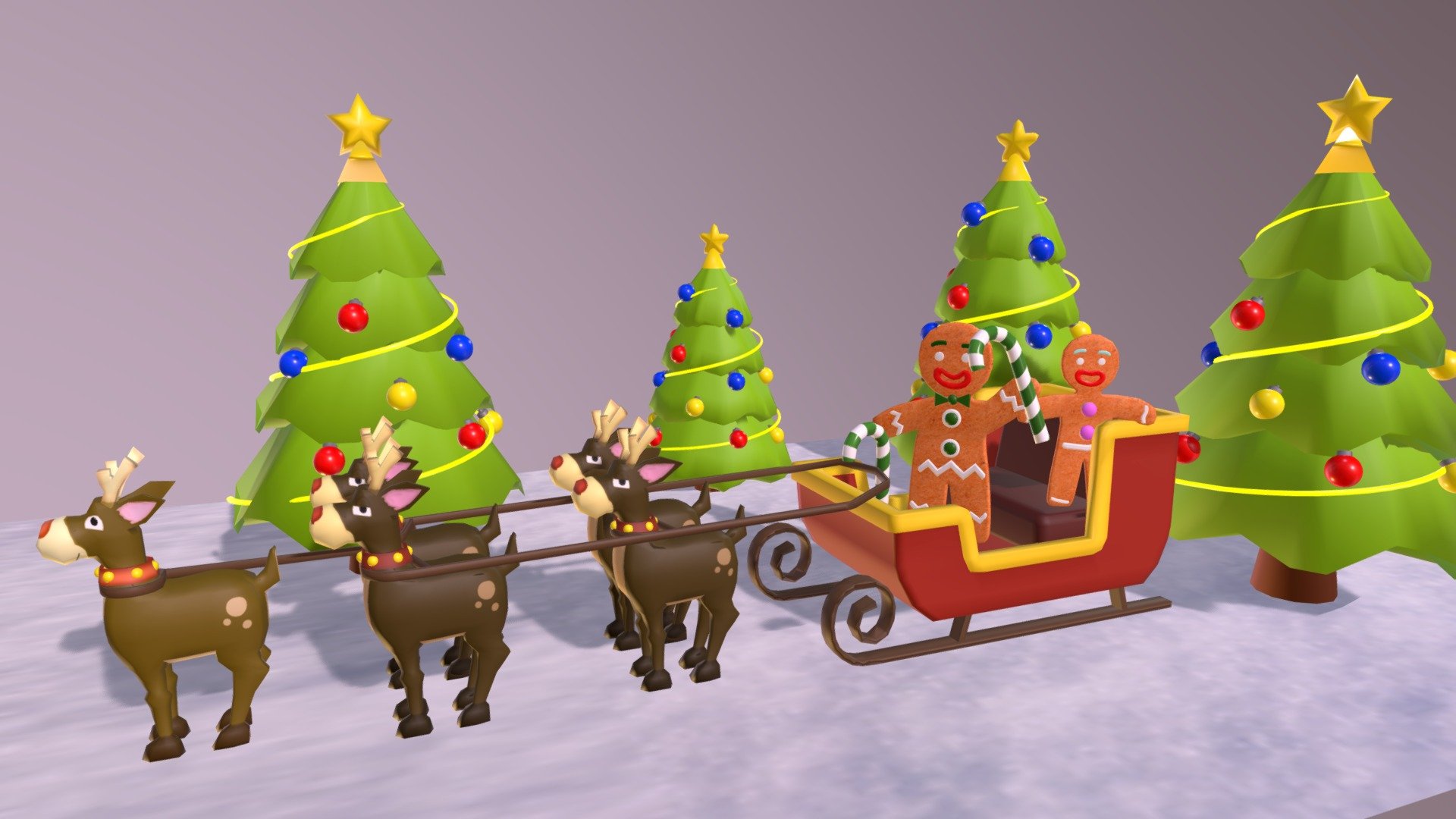 This is a Santas sleigh with reindeers 3D model . This is a low poly model. It is made in Autodesk Maya 2018 and texturized with uvs, iluminated and rendered in Arnold 2018. Texture its hand painted in Photoshop. 

The model contins the sleigh and 5 deers together by a rope in their neck and two gingerbread mans inside the slide. Also, we could see 4 christmas tree around the sleigh such as decoration. 

This model can be used for any type of work as: low poly or high poly project, videogame, render, video, animation, film…This is perfect to use it as decoration in a Christmas Scene or for a CHristmas postcard image with other christmas decoration that you could see in my profile too…

This contains a .fbx , .and all the textures.

I hope you like it, if you have any doubt or any question about it contact me without any problem! I will help you as soon as possible, if you like it I will aprecciate if you could give your personal review! Thanks - Christmas sleigh With Deers And decoration - Buy Royalty Free 3D model by Ainaritxu14 3d model