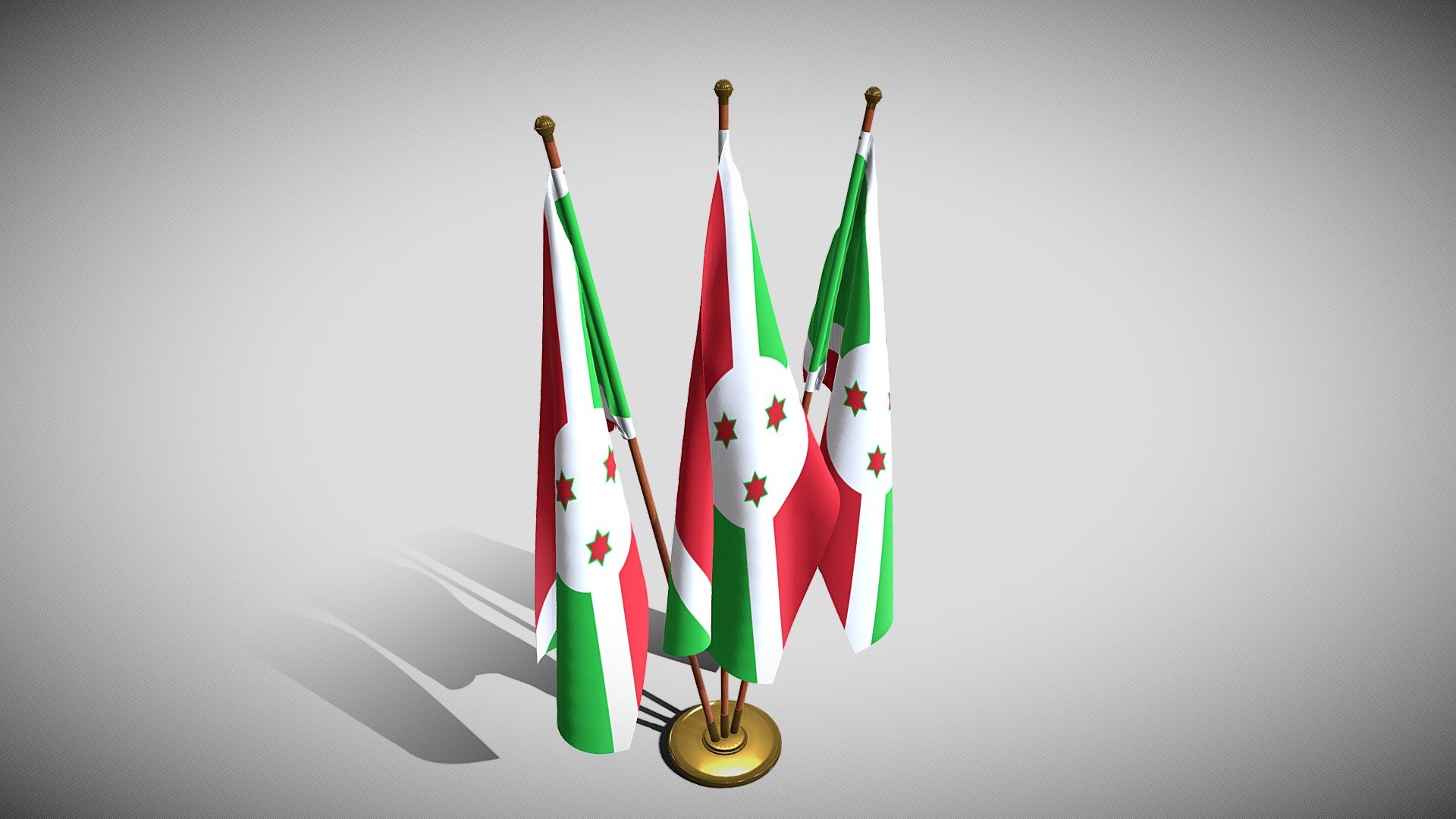Set of four flag setups(exterior flag and three different office flags).

File formats:
-.blend, rendered with cycles, as seen in the images;
-.obj, with materials applied and textures;
-.dae, with materials applied and textures;
-.fbx, with material slots applied;
-.stl;

3D Software:
This 3d model was originally created in Blender 2.79 and rendered with Cycles.

Materials and textures:
The model has materials applied in all formats, and is ready to import and render .
The model comes with multiple png image textures.

Preview scenes:
The preview images are rendered in Blender using its built-in render engine &lsquo;Cycles'.
Note that the blend files come directly with the rendering scene included and the render command will generate the exact result as seen in previews.
The flags are on different layer each for convenience.
For each format there are separate files for each of the four flag setups 3d model
