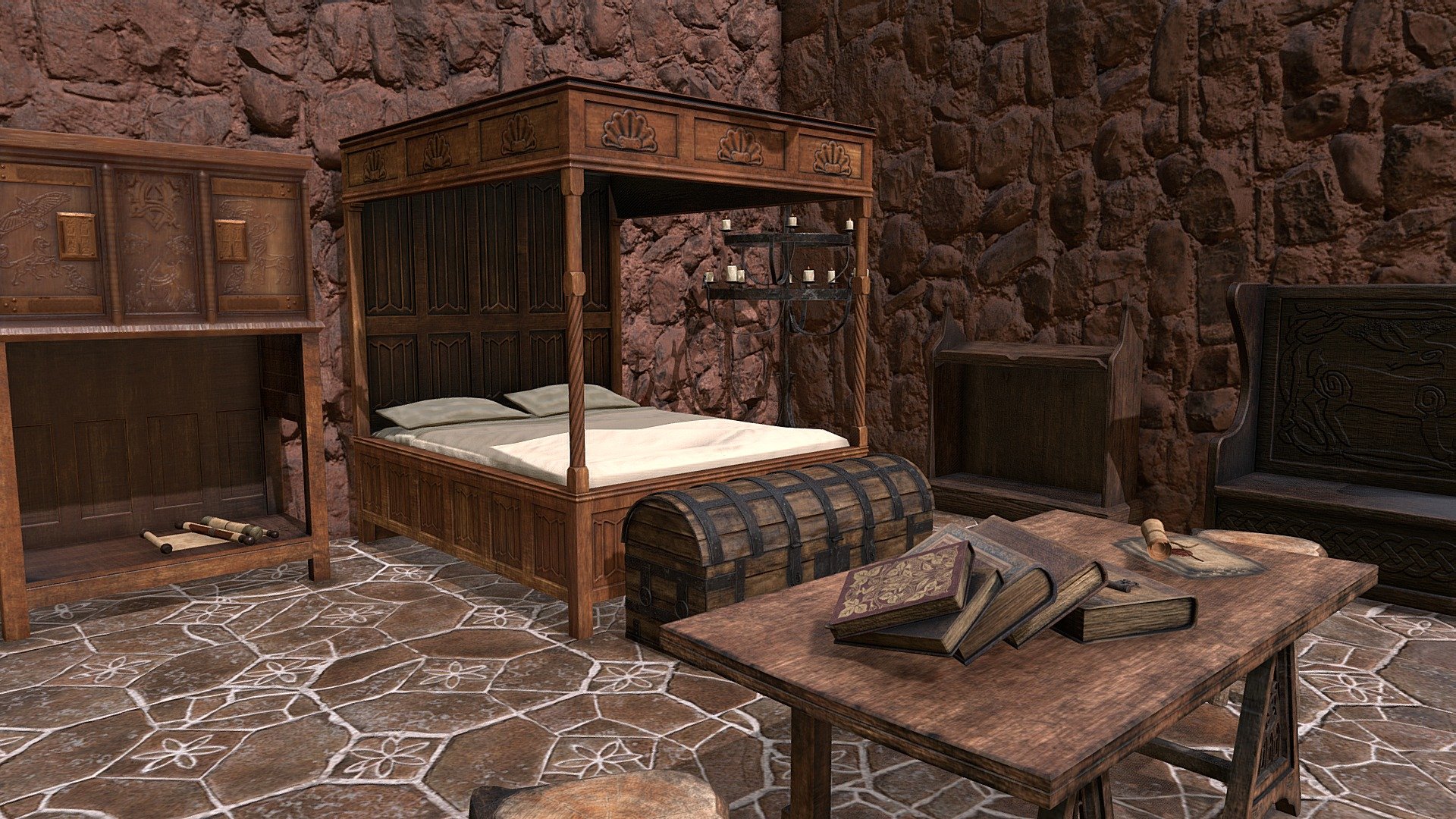 Medieval Elegant Bedroom Funishings - 14 3D Models PBR Texture available in 4096 x 4096 Maps include : Basecolor, Normal, Roughness, Height and Metallic. Customer Service Guaranteed 3d model