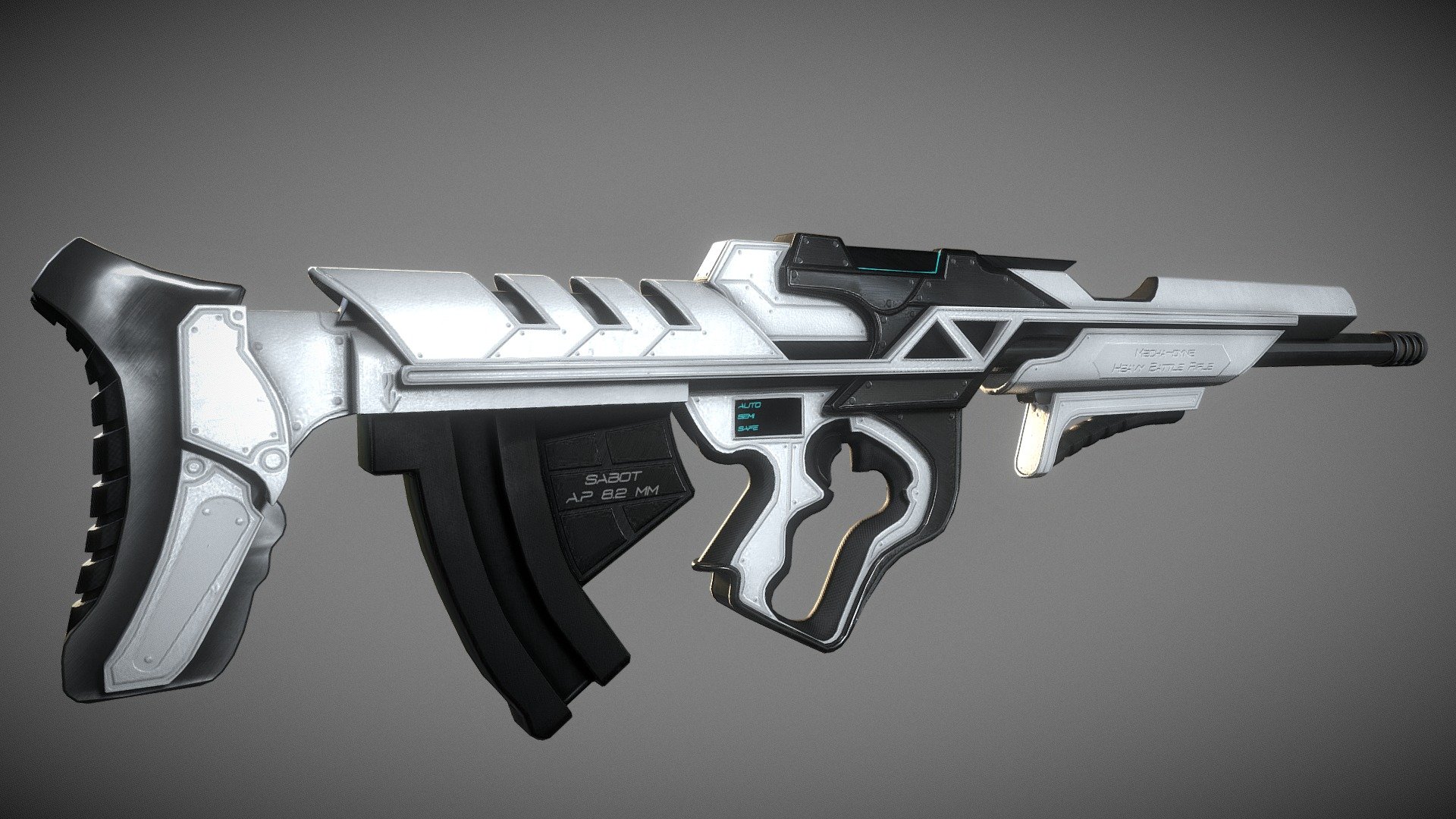 A nice pair to my tactical machine pistol asset, 
this is a heavy battle rifle variant sporting sabot rounds for hard target penetration. still in the pristine cyberpunk look
Good for game engines, im planning on putting this on unreal engine with the pistol as another asset pack, so stick about if thats what your after :) - Mecha-Dyne Heavy Battle Rifle - Buy Royalty Free 3D model by Kim Niemann (@kimn) 3d model