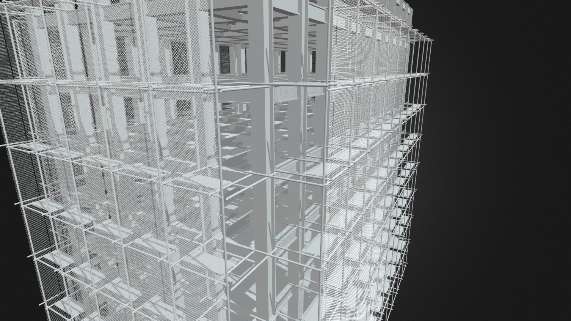 This is a small model extracted from a functional Houdini Digital Asset. The tool simulates the entire construction process of a completely customizable building. It starts to construct a steel beam framework that later gets a concrete coating with the help of a scaffold. In the end the finished framework gets covered with a concrete facade 3d model