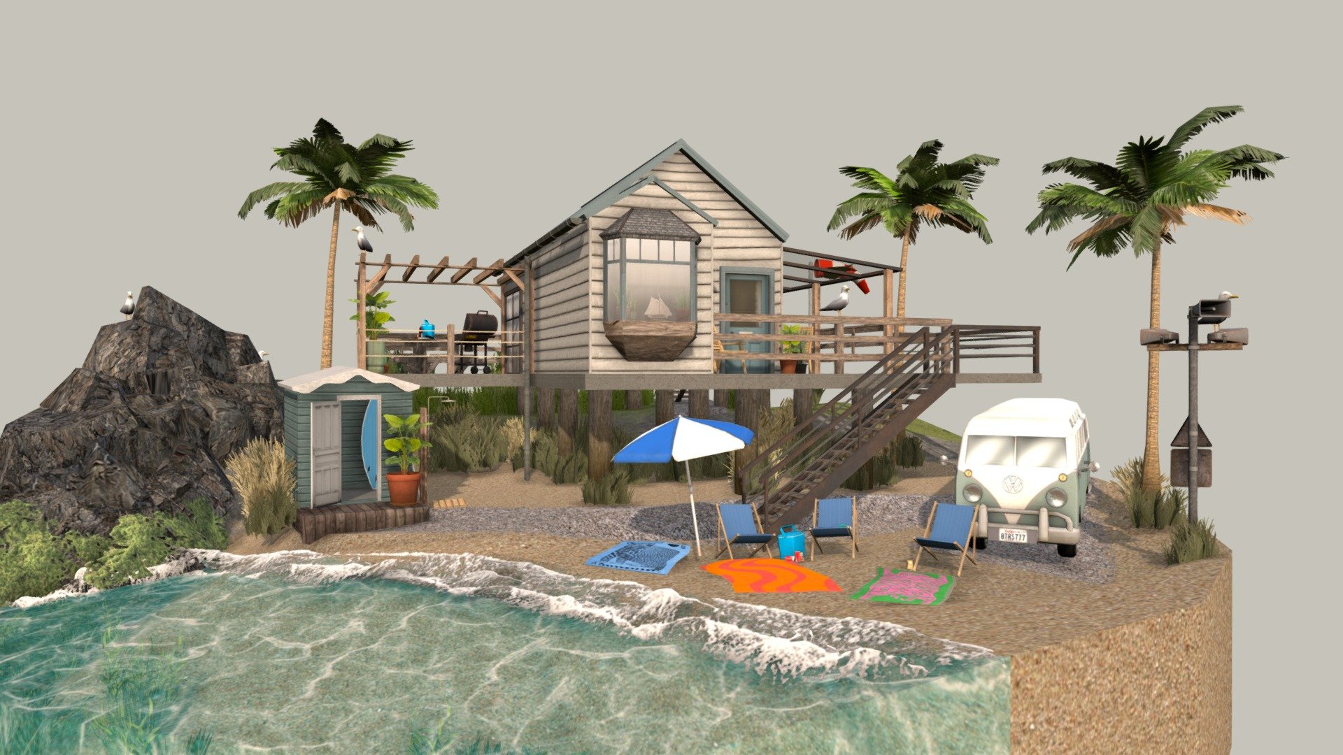 The result of my final for the 3D1 course at Howest DAE.

Everyone needs a break sometimes, that's why a group of friends meets up at this sunny Californian coast home once a year to escape each one of their busy worklives for a weekend filled with surfing, reading, continuing their D&amp;D campaign, sleeping and sunbathing 3d model