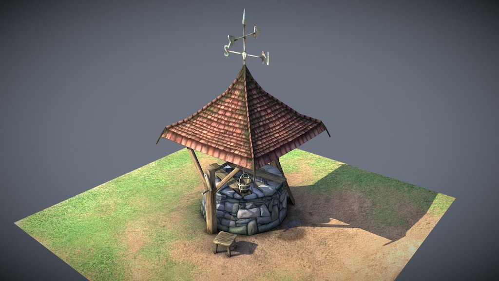 Low poly medieval stone well 3d model