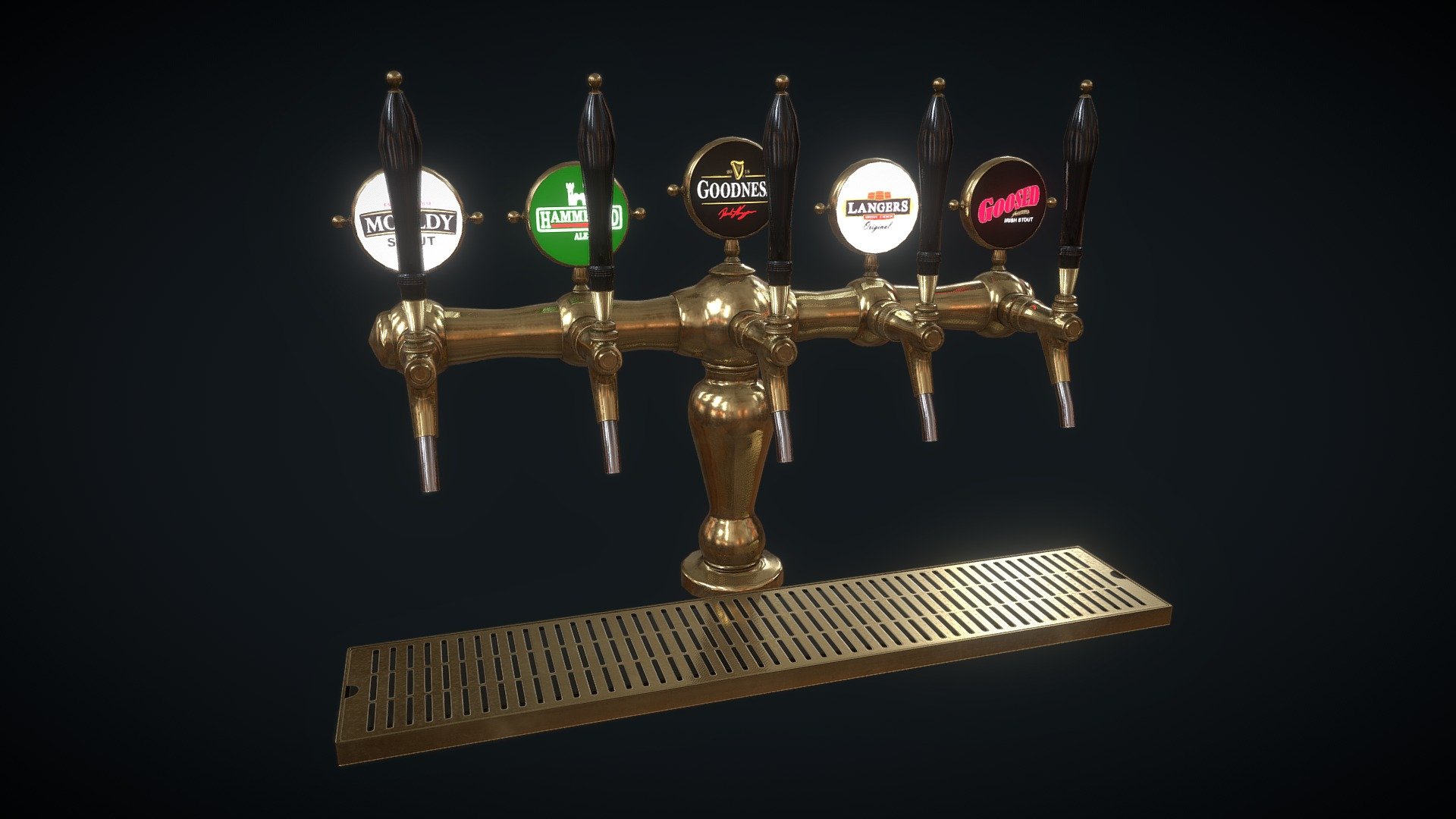 Beer taps dispenser, perfect for a bar or club enviornment. 

The beer dispenser has five taps with differint beer name logo's.  Each beer name logos has been named as Irish names for being drunk, just for fun.

PBR 4k textures - Beer Taps - Buy Royalty Free 3D model by Derek Flanagan (@derek_flanagan) 3d model