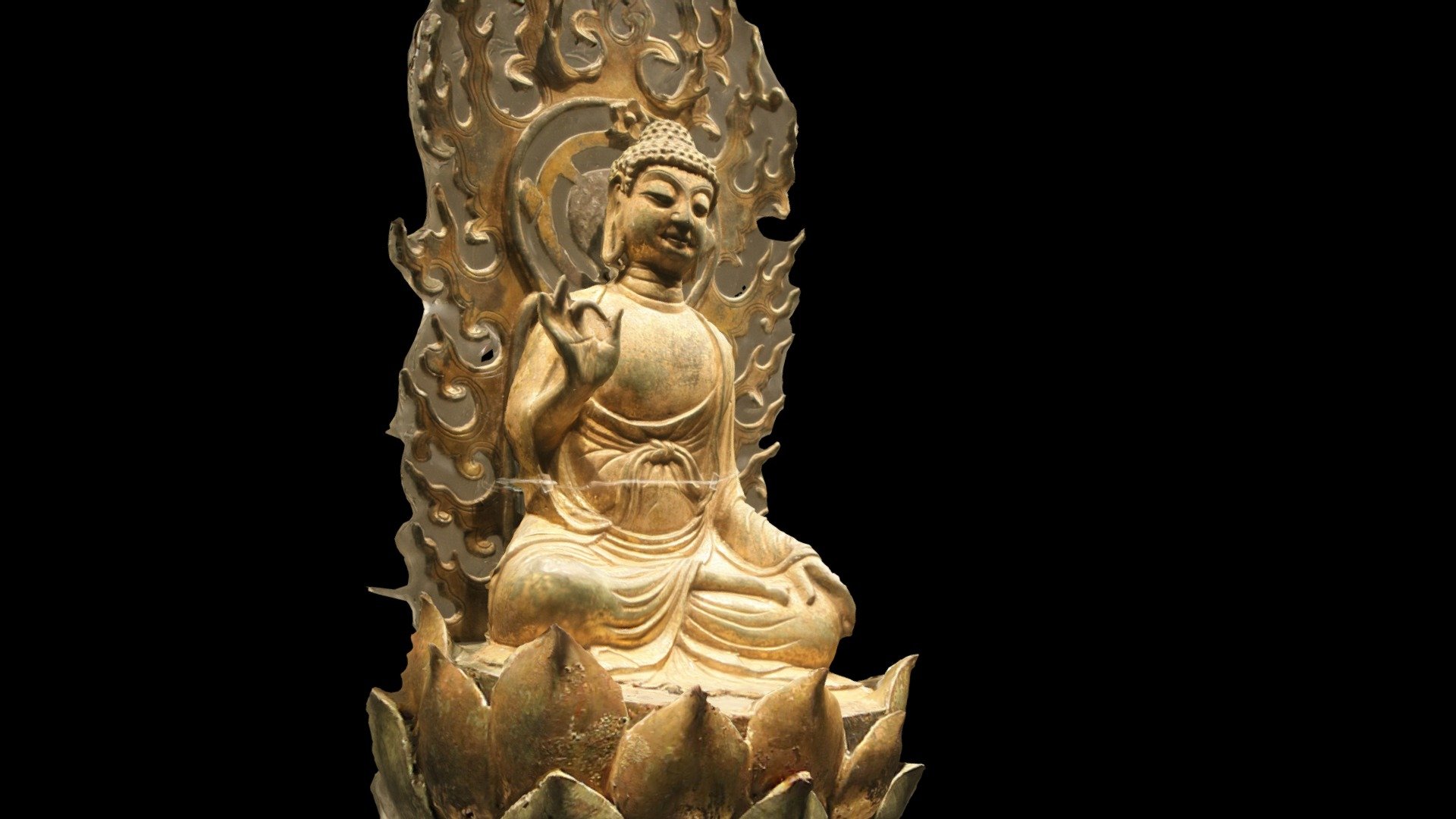 Gilt bronze statuette of Sakyamuni Buddha seated on a lotus throne. The gesture (mudra) of the right hand of the Buddha suggests he is preaching the Buddhist law. H. 68 centimeters (base included). Dated late Tang or Five Dynasties (10th century). Excavated from the crypt of the Thunder Peak Pagoda (Leifengta) in Hangzhou, China. Now exhibited at the Zhejiang Provincial Museum Gushan Branch in the same city 3d model