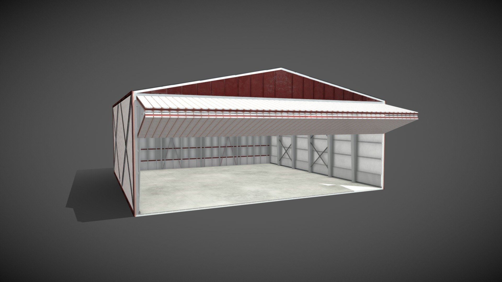 Airplane Hangar 3D Model is completely ready to be used in your games, animations, films, designs etc.  

Model includes interior and exterior.

All textures and materials are included and mapped in every format. The model is completely ready for use visualization in any 3d software and engine.  

Technical details:  


File formats included in the package are: FBX, OBJ, GLB, ABC, DAE, PLY, STL, BLEND, gLTF (generated), USDZ (generated)  
Native software file format: BLEND  
Polygons: 8,986
Vertices: 13,454
Textures: Color, Metallic, Roughness, Normal, AO.  
All textures are 2k resolution.

Important note:

Interior floor is properly textured - the problem is in the presentation part here -&gt; too see what the floor looks like, check here https://sketchfab.com/3d-models/airplane-hangar-interior-3d-model-03ba85532b404ae38082b3cb4f869113 - Airplane Hangar 3D Model - Buy Royalty Free 3D model by 3DDisco 3d model