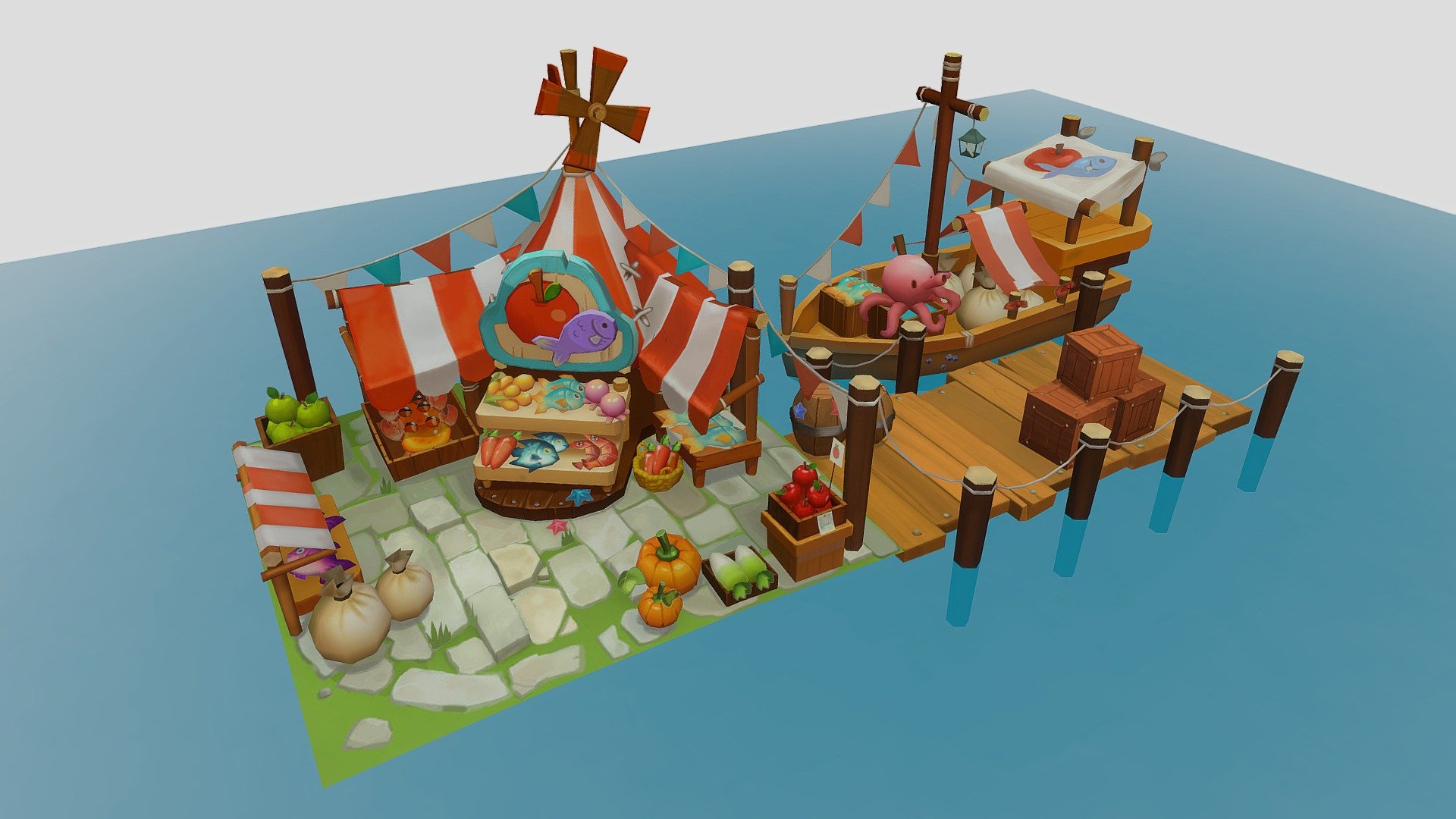 Stylized Isometric Big Sea Market Hand Painted,
Low poly - Modeled in Maya,
Hand Painted in Photoshop and baked in Substance Painter
Concept by WHJ - Sea Market - 3D model by Emi Starkman (@Emiliyana) 3d model