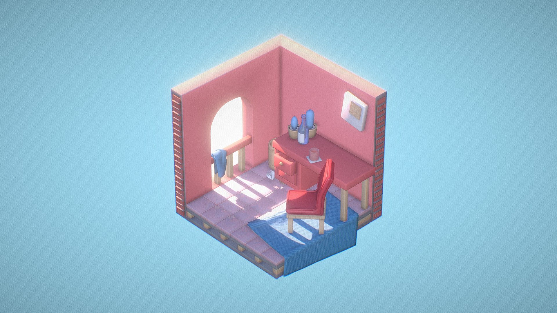 Pink isometric room inspired by La Muralla Roja apartments in Spain, but with a round arch instead of straight ones 3d model