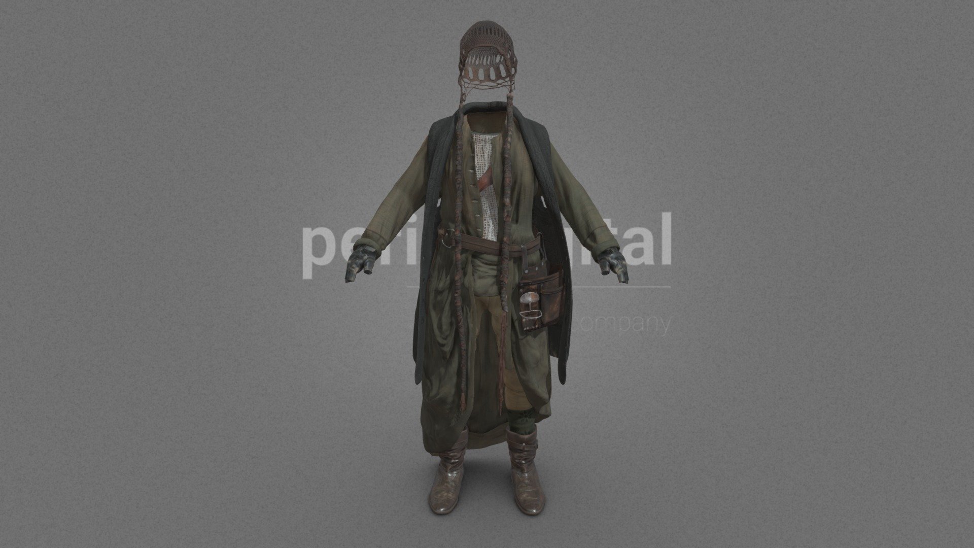 Brown knitted hat with long strings, long grey knitted vest with buttons, grey dress with buttons and laces; brown leather breastplate, white T-shirt, brown leather fanny pack, beige tight pants with laces and side pockets; green socks, brown leather boots, dark brown leather gloves.




They are optimized for use in 3D scenes of high polygonalization and optimized for rendering.

We do not include characters, but they are positioned for you to include and adjust your own character.

They have a model LOW (_LODRIG) inside the Blender file (included in the AdditionalFiles), which you can use for vertex weighting or cloth simulation and thus, make the transfer of vertices or property masks from the LOW to the HIGH** model.

We have included the texture maps in high resolution, as well as the Displacement maps, so you can make extreme point of view with your 3D cameras, as well as the Blender file so you can edit any aspect of the set. 

Enjoy it.

Web: https://peris.digital/ - Wasteland Series - Model 13 - Buy Royalty Free 3D model by Peris Digital (@perisdigital) 3d model