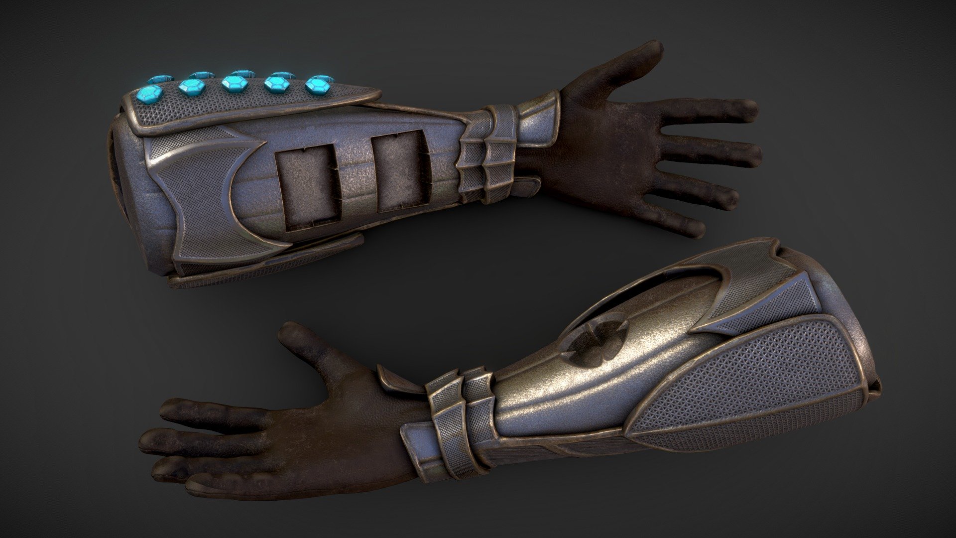 A pair of gauntlets designed to hold a mana crystal on the right arm and 2 decks of cards on the left. Made for a Unity VR project 3d model