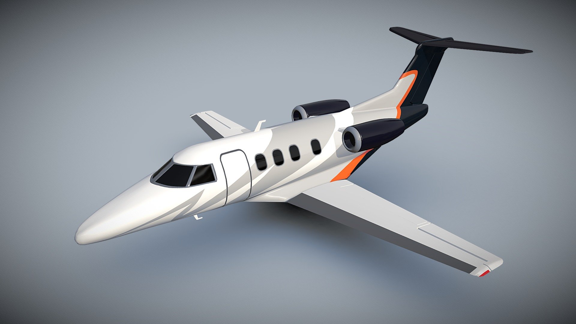 This 3d model was made with blender3d 2.74 version.Renderings were created with blender internal render.There is one uv mapped texture projected from side view 2050x2050 png file with doors,windows and stripe details.There are no interior and no landing gear objects.Objects named by material and by object.All elevators and rudder are detached,but not rigged by axis.Renderings were created with subdivision 2,until I have exported my product with subdivision 1.Enjoy my product.

3ds file verts: 52164 polys: 17388

obj file verts: 9798 polys: 17388

Checked with GLC viewer - Embraer Phenom 100 lowpoly private jet - Buy Royalty Free 3D model by koleos3d 3d model