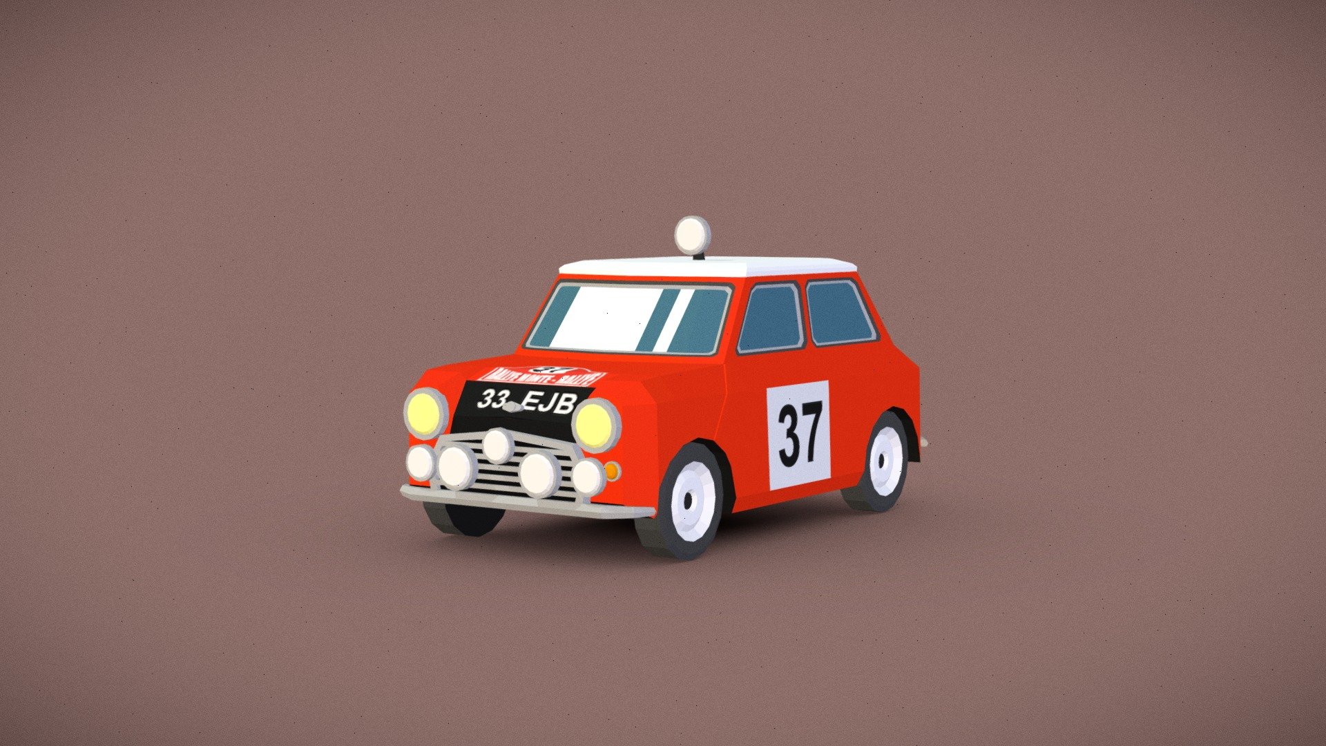 The low poly small classic cartoon rally car from 1960s in red color with rally decals.

The model is flat shaded low poly colored with a texture. 
Can be easily recolored. 
Optimized for mobile games 3d model