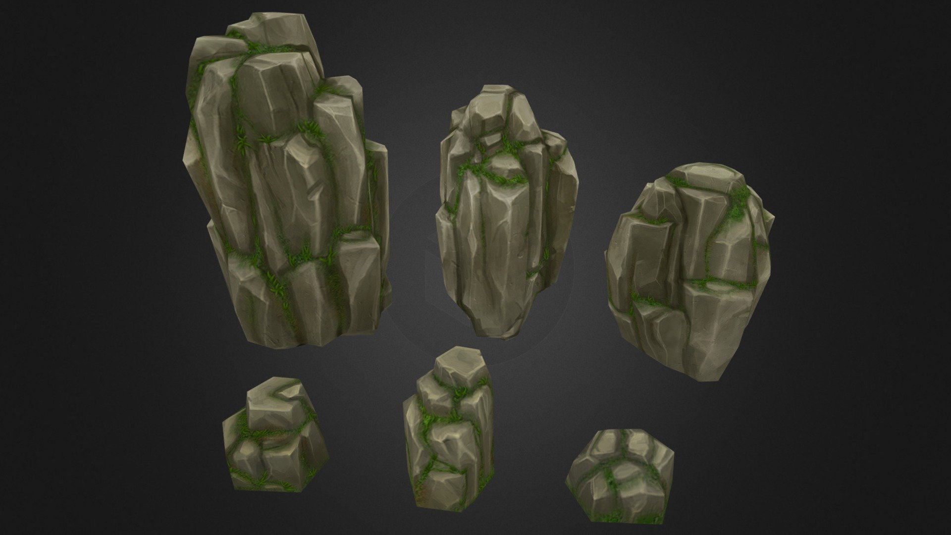 This is a pack of 6 low poly rock formation as seen on the preview image. They are optimized for top down perspectives but can also be used for lower viewpoint angles. All models are low poly and hand painted texture at 2048x2048pixel! ready to be used in game
Model available for download on the Unity3d : -link removed- - Rock Formation Pack 4 - Buy Royalty Free 3D model by 3dfancy 3d model