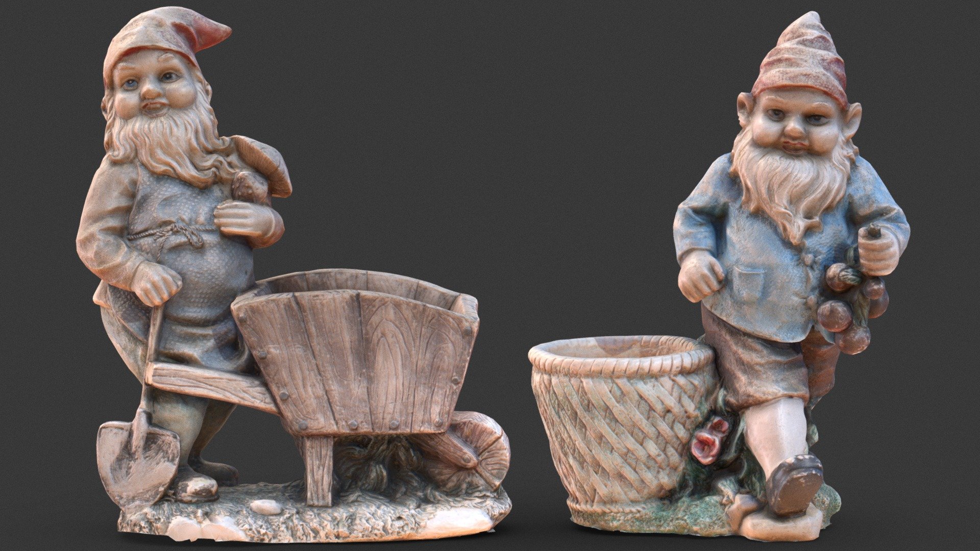 Old garden dwarfs or gnomes with weathered paint. The models are scanned and are in low poly thought so they can be used perfectly in video games 3d model