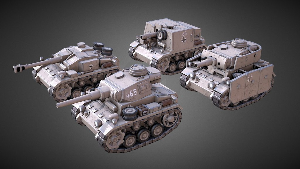 Ingame Mini tank models of Panzer III, Panzer III Ausf. N , Stug III, StuIG 33.

Created with 3ds max and Substance Painter 2 3d model