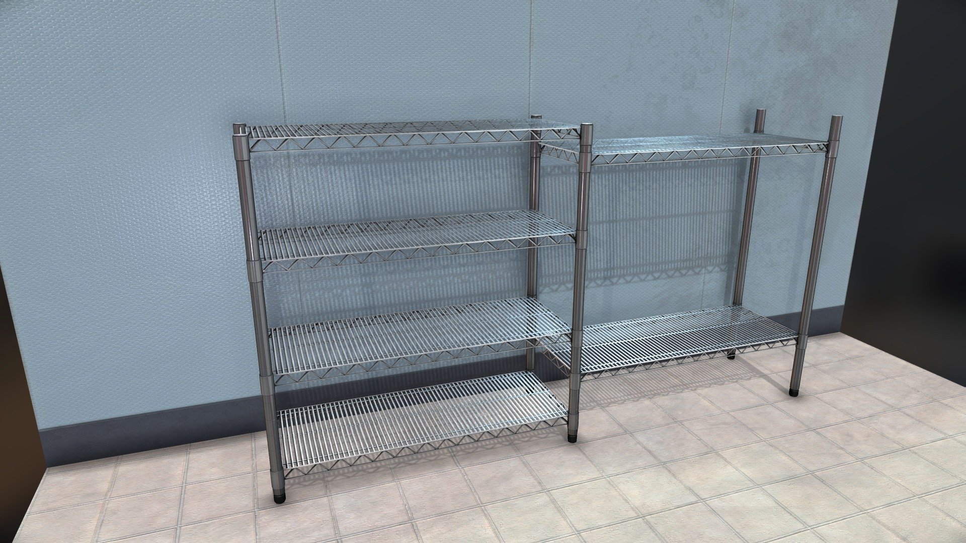 Lowpoly modular chrome wire rack shelving unit like those typically seen in walk-in coolers, industrial, commercial, or business storage.

Baked down to low poly for VR or Mobile games.   This metal shelf is baked down low poly to a single UV (backdrop textured separately), includes 4k Base Color, Normal, Metallic, Masked Opacity, Roughness, and AO Maps.

Low-poly in that a set of 4 legs takes up 672 Tri, and a single shelf takes up 402 Tri, so 1878 Tri gets you 3 shelves for example (or as seen without backdrop for 3180 Tri, fill a walk in cooler for around 10k Tri for example, and so on) - Modular Wire Rack Shelving (game ready) - Buy Royalty Free 3D model by ArcticGreenhouse 3d model