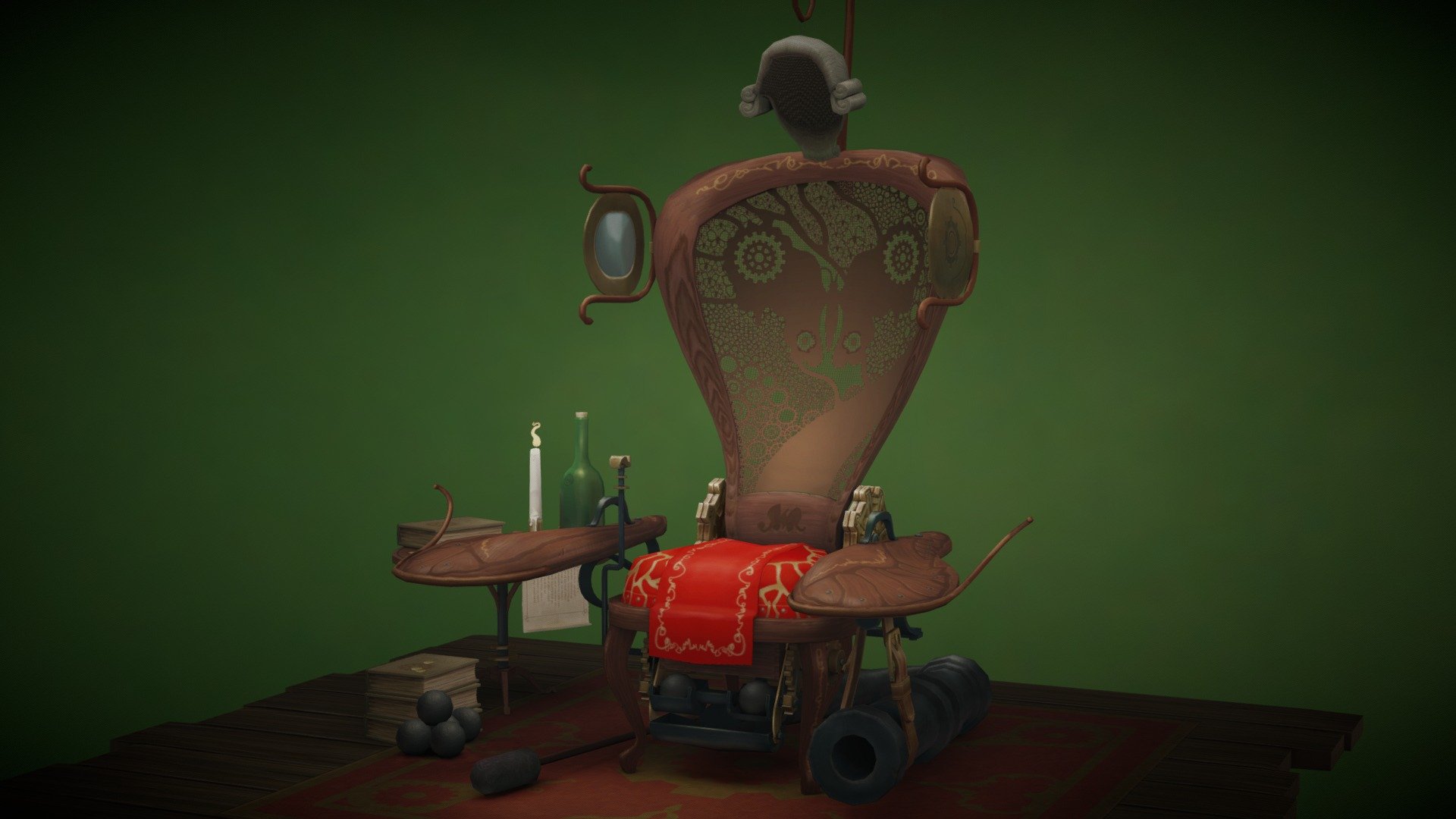 A custom made cannon chair fusing steampunk and art nouveau, for the eccentric 18th century collectors.

Hand painted, diffuse only, low-poly model. I wanted to challenge myself with the painting of various materials like metals, leather, wood, glass, wax etc in such a way that they would look believable 3d model