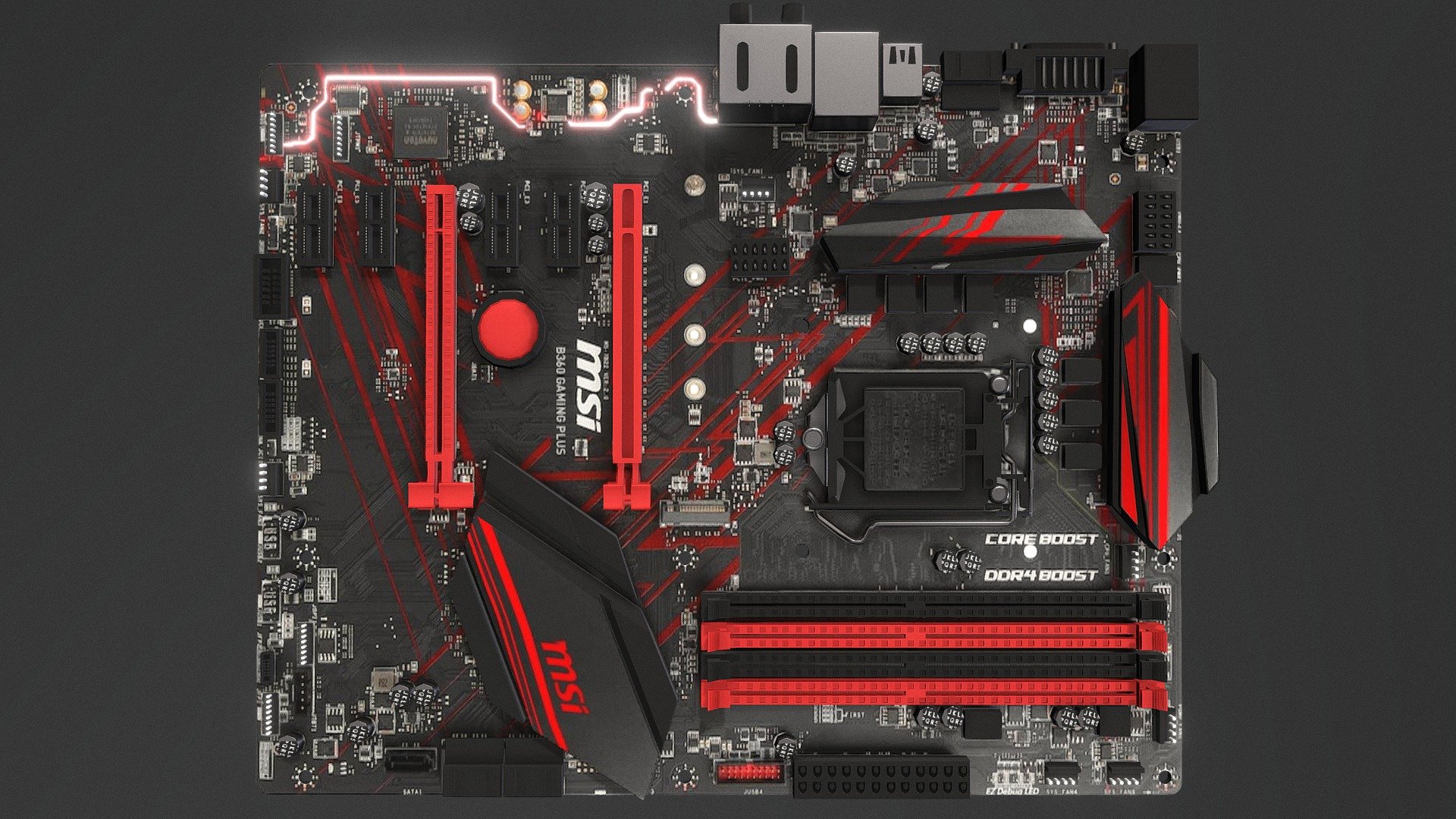 MSI B360 GAMING PLUS
Jeu, Socket 1151, Intel B360, 2 ports PCI-Express 16x, 2666 MHz (DDR4), SATA Revision 3.0 (6 Gb/s), 1 port M.2 (SATA et PCIE), 2 ports USB 3.1 (1 type A + 1 type C), ATX, 304 x 243 mm

this comes  withe a native blender file with all parts separated (ideal for animating it ) 
the model comes with 2 textures 
texture1 is main textures 
texture2 is the letters on the circular thing on the motherboard 
and a hanful of materials set up in blender for all the other parts - MSI B360 GAMING PLUS - 3D model by KI NG (@dadybandit) 3d model